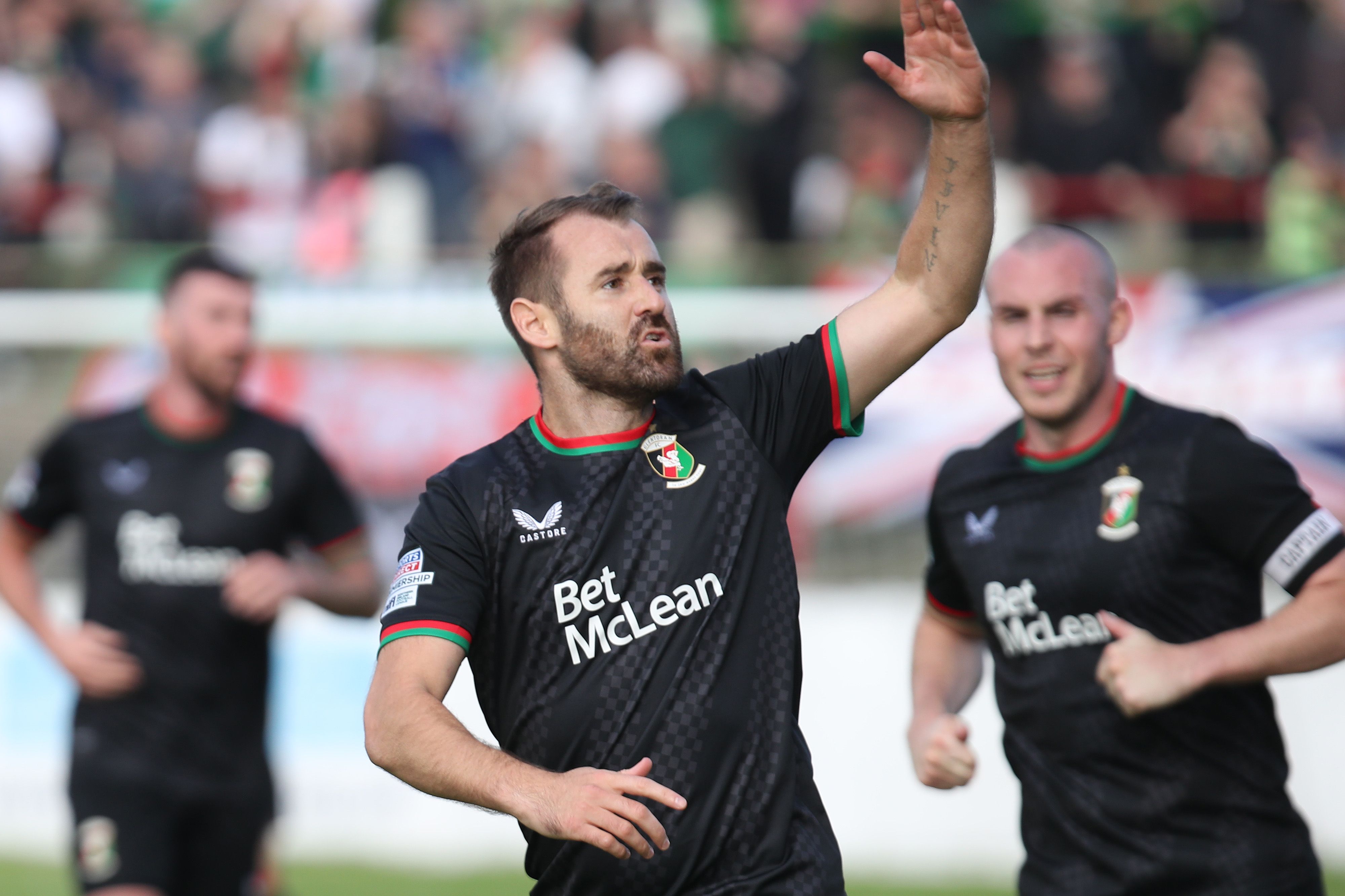 Niall McGinn celebrates scoring the only goal of the game at The Oval on Saturday 