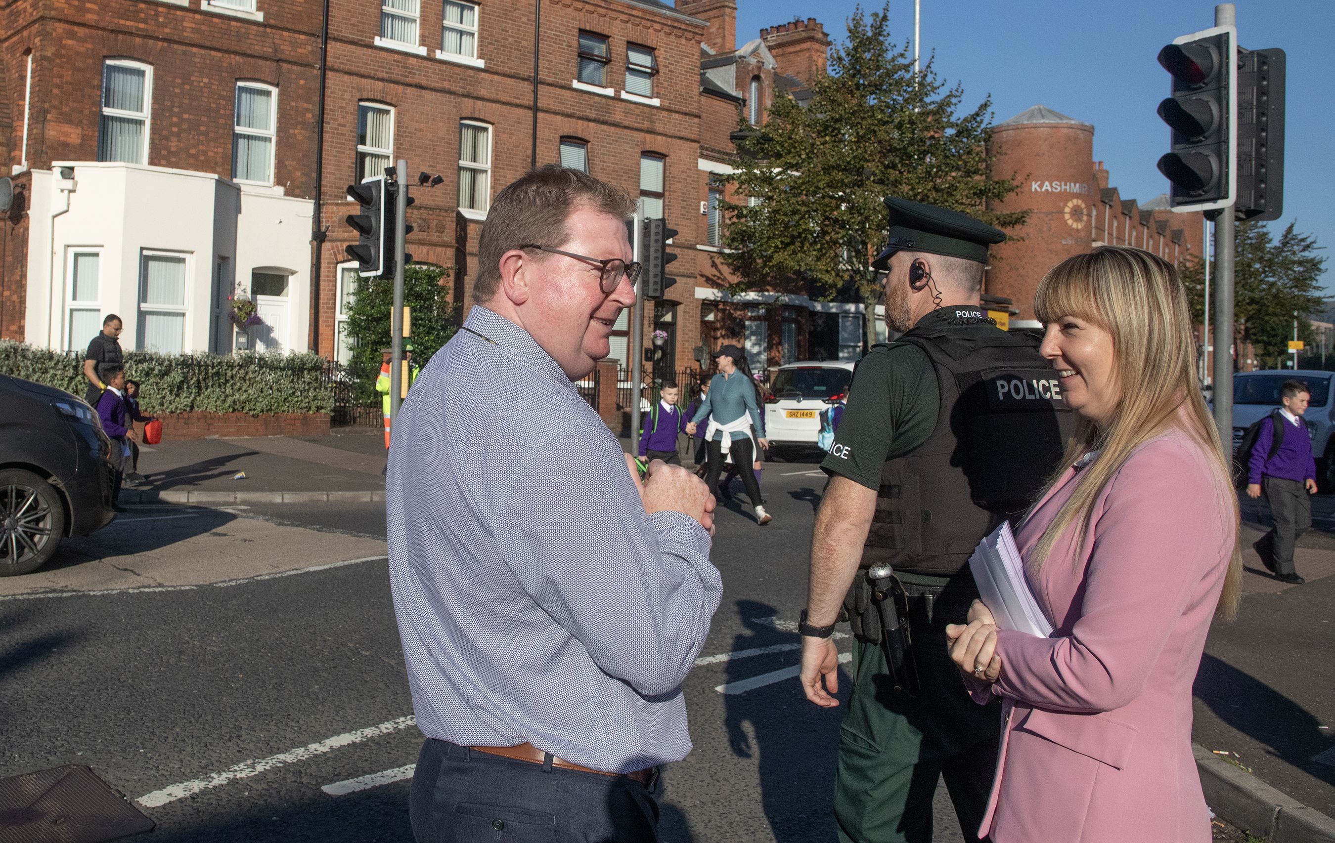 ROAD SAFETY: Cathal O\'Doherty, Principal of St Clare’s Primary School with Sinn Féin councillor Claire Canavan