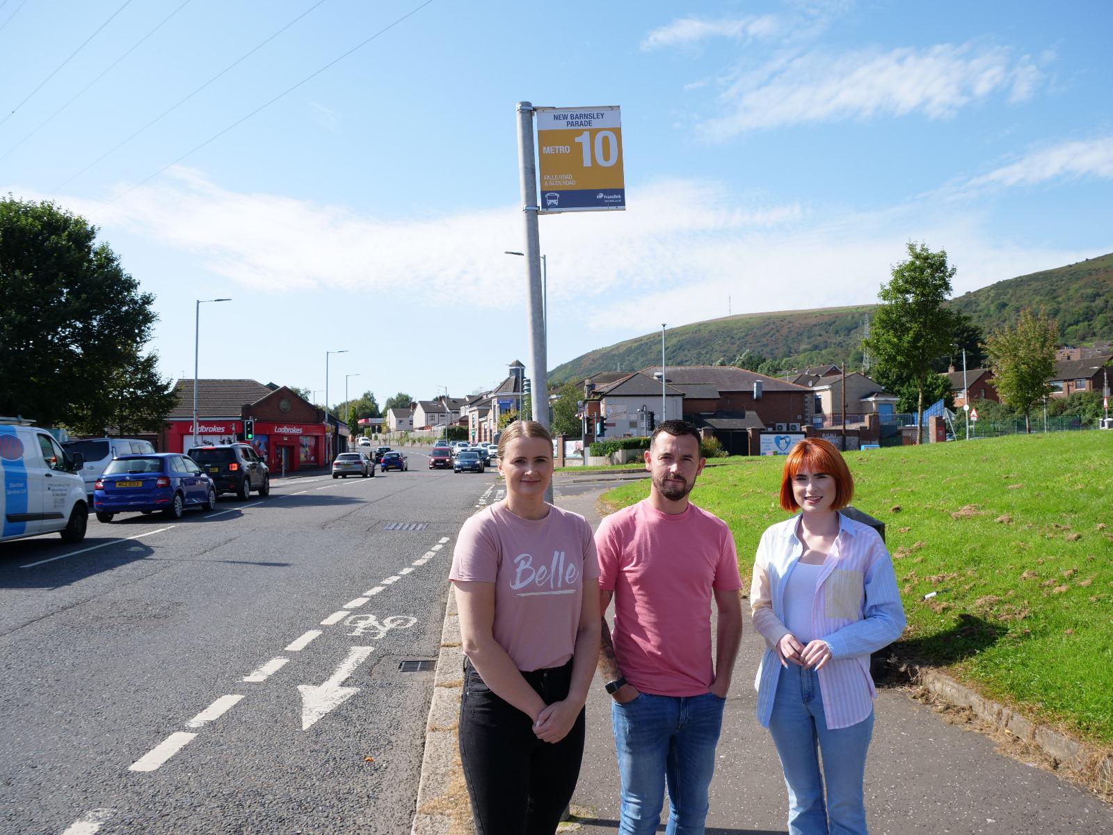 ALL SYSTEMS GO: Sinn Féin MLA Aisling Reilly and Councillors Micheal Donnelly and Róis-Máire Donnelly at a bus stop on the Springfield Road