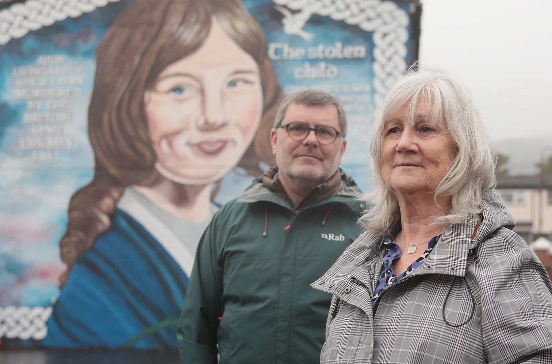 TRUTH: Julie Livingstone’s sister Elizabeth with Mark Thompson from Relatives for Justice at Julie\'s mural in Lenadoon
