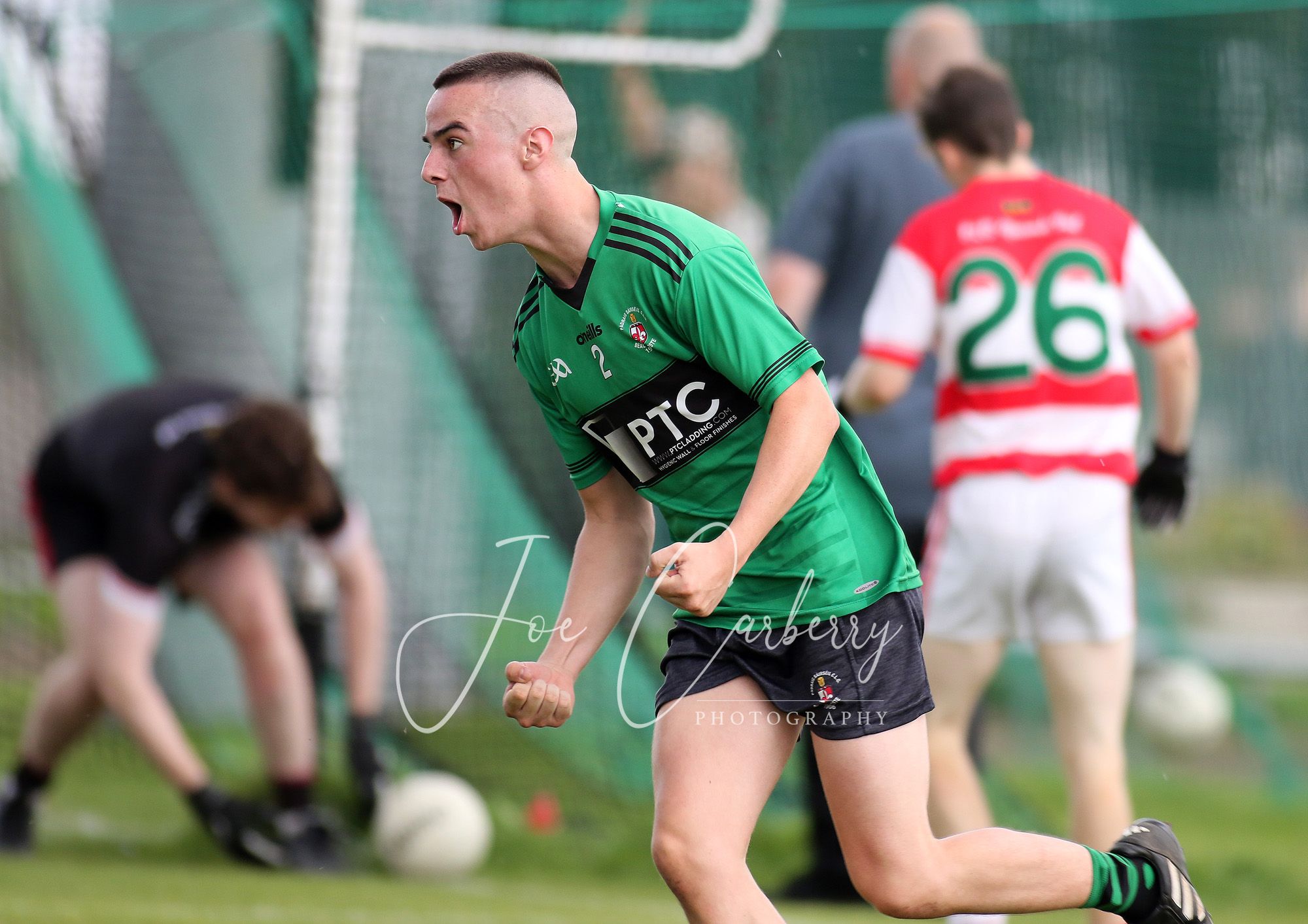 Caoimhin McDonnell celebrates after fisting over the insurance score for Sarsfield\'s on Saturday 