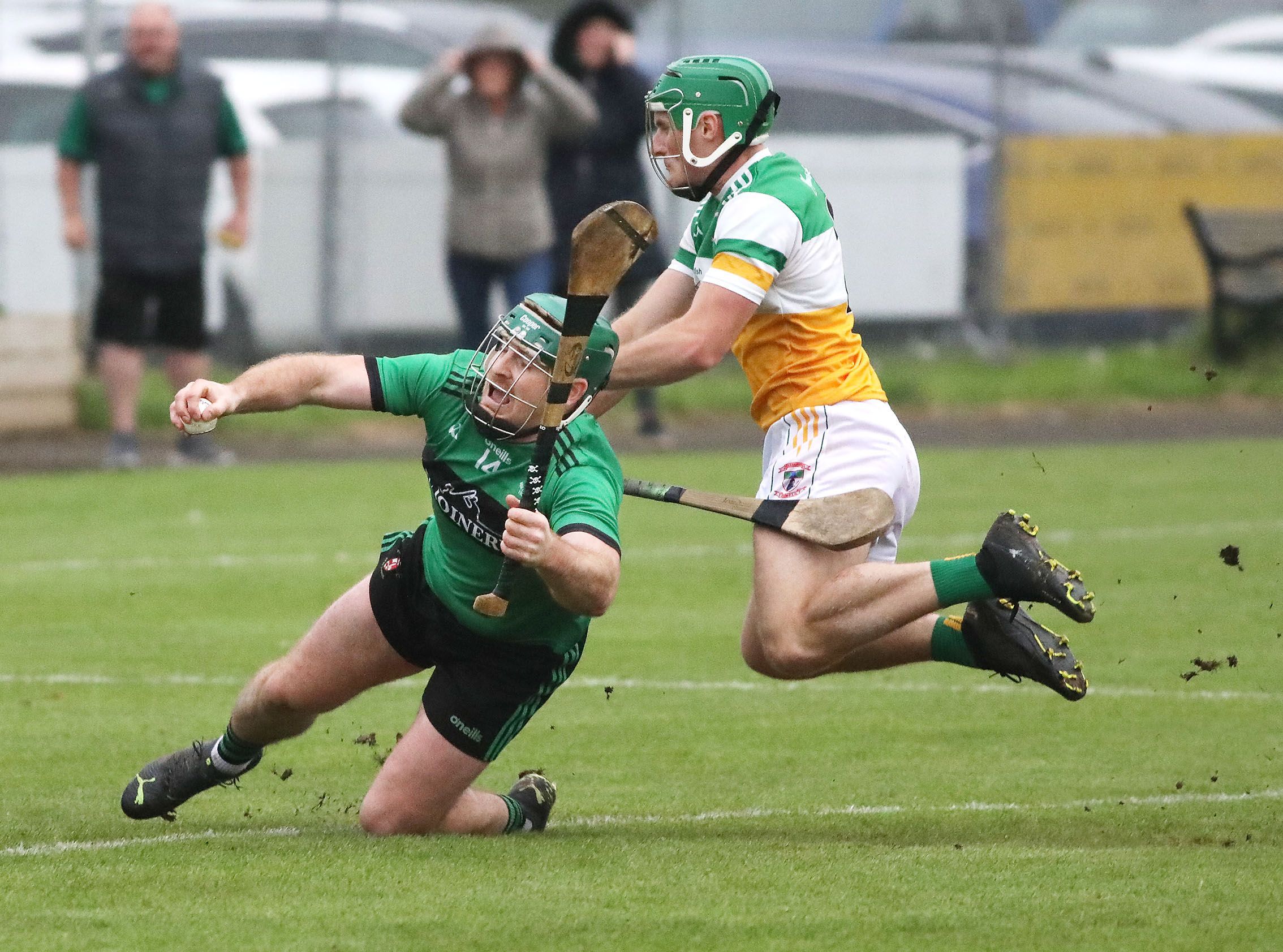 Garry Lennon is hauled down for the late penalty that was converted by Kevin McKernan that ultimately saw Sarsfield\'s score victory over Glenairiffe 