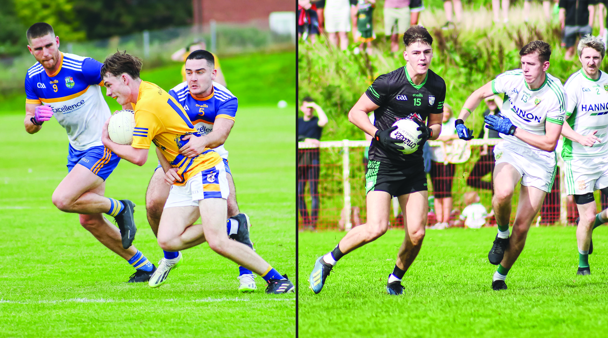 St Brigid’s got to grips with Rossa in their quarter-final a fortnight ago (above left) while Cargin fended off Aghagallon at the same stage (above right)