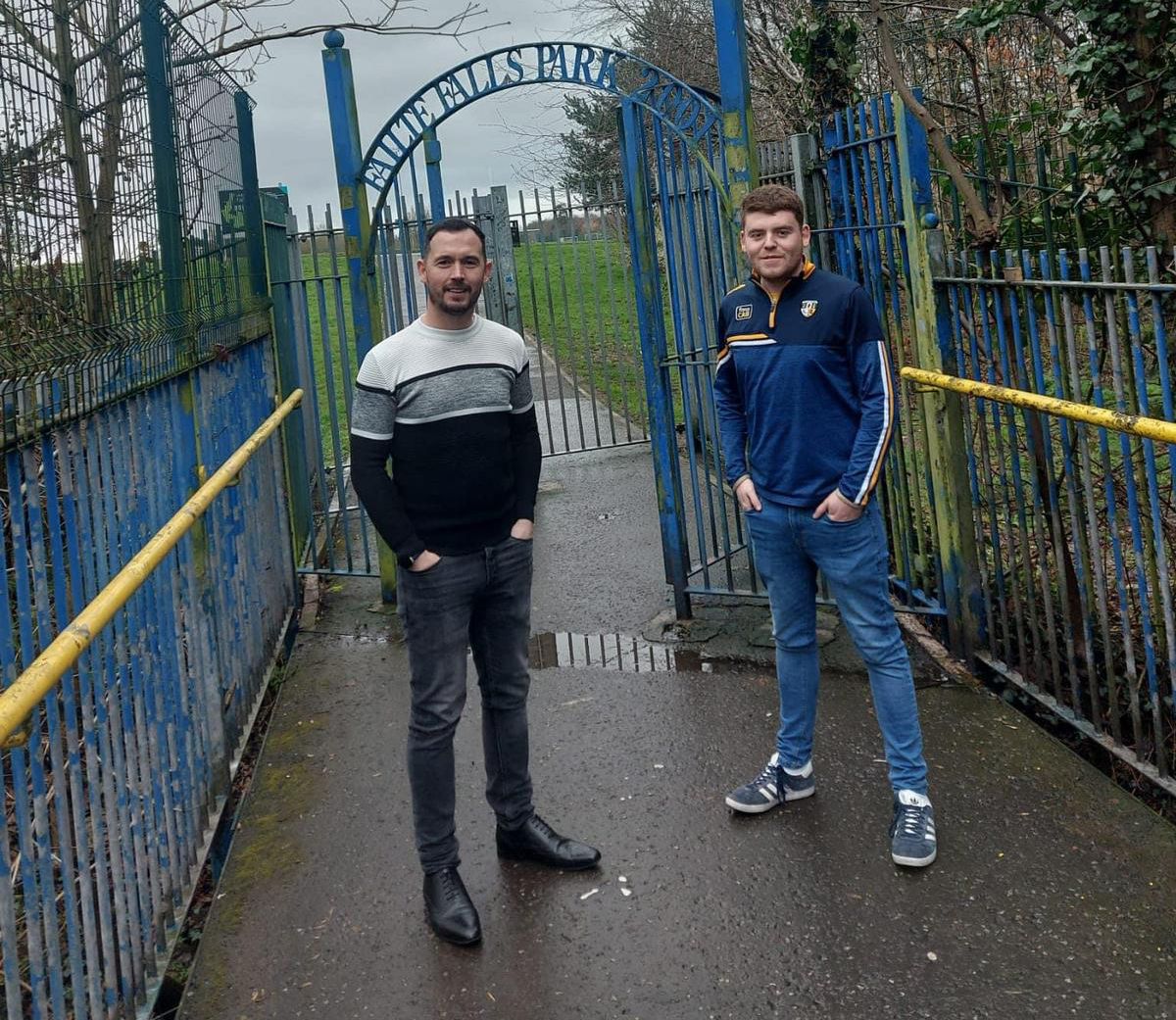 UPGRADE: Councillors Micheal Donnelly and Ronan McLaughlin at the Norfolk Road entrance to the Falls Park