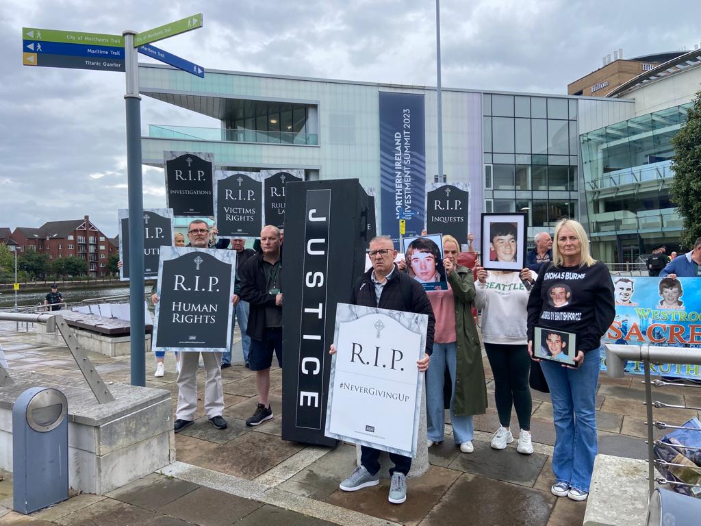 VICTORY: Relatives protested this month outside the investment conference in the Waterfront Hall