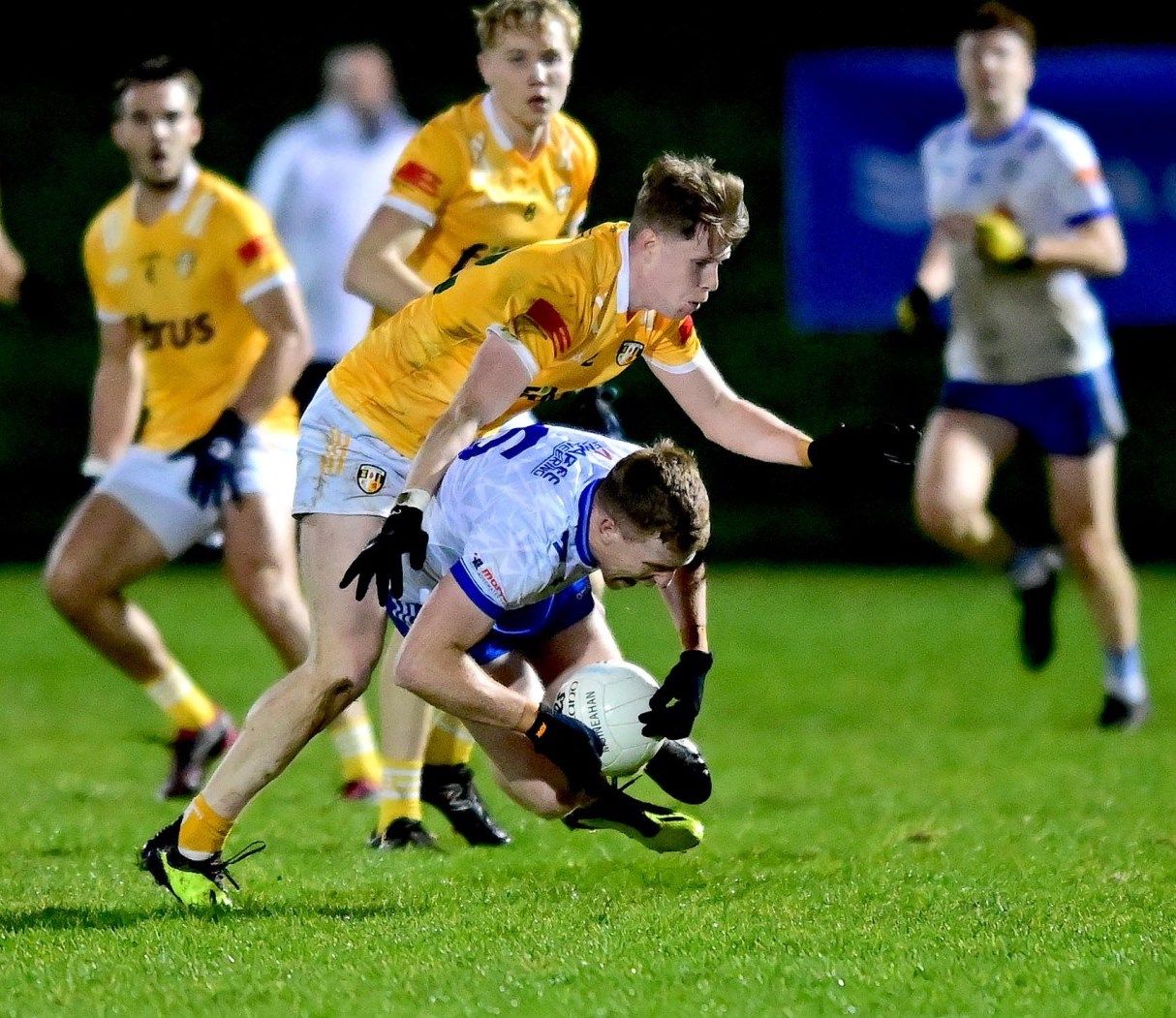 Cormac McGettigan challenges Kieran Duffy in Castleblayney on Wednesday 