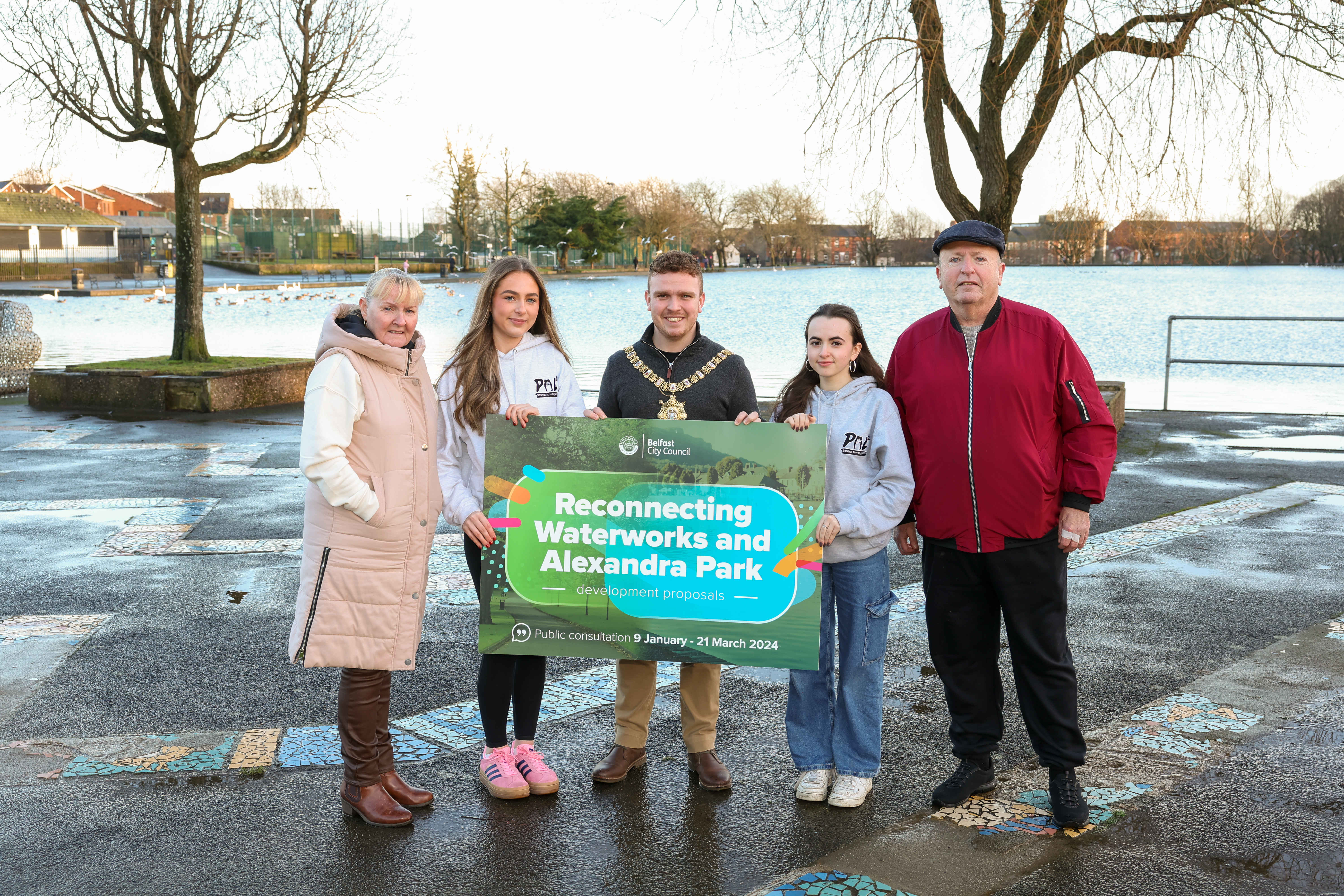 VIEWS: Kate Clarke (Duncairn Community Partnership), Mae Stewart (North Belfast Play Forum), Lord Mayor Councillor Ryan Murphy, Eva O’Reilly (North Belfast Play Forum) and Harry Smith (Duncairn Community Partnership) at the Waterworks