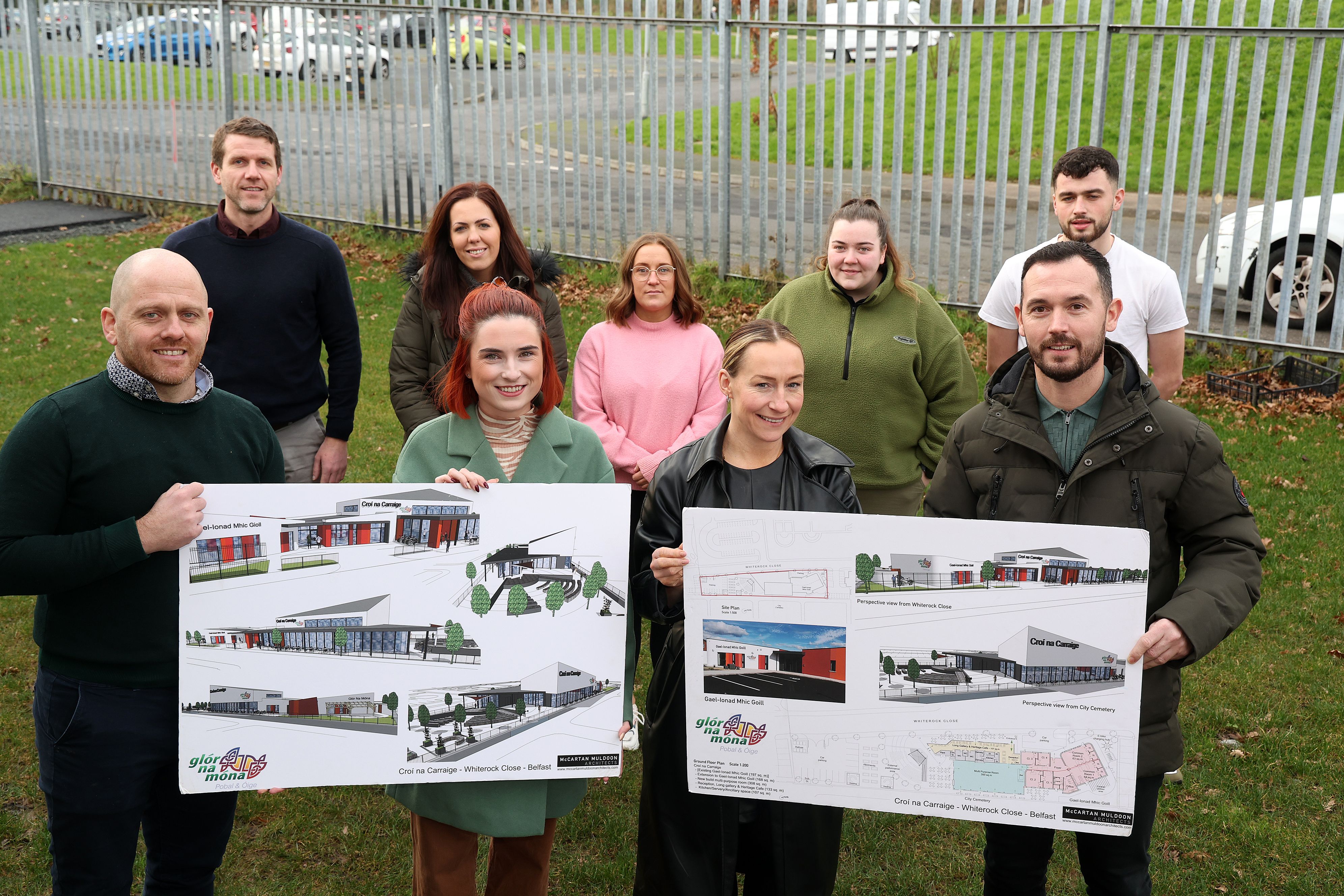 WELCOME: The Glór na Móna team with Sinn Féin councillor Michael Donnelly and Róis-Máire Donnelly with the plans for the new facility