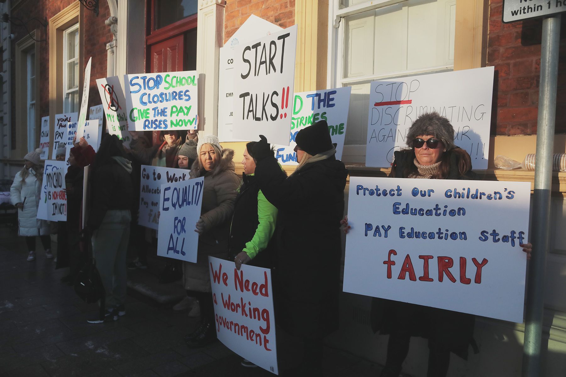 PROTEST: Parents from Colin Autism Support Group outside DUP offices in Lisburn on Monday morning