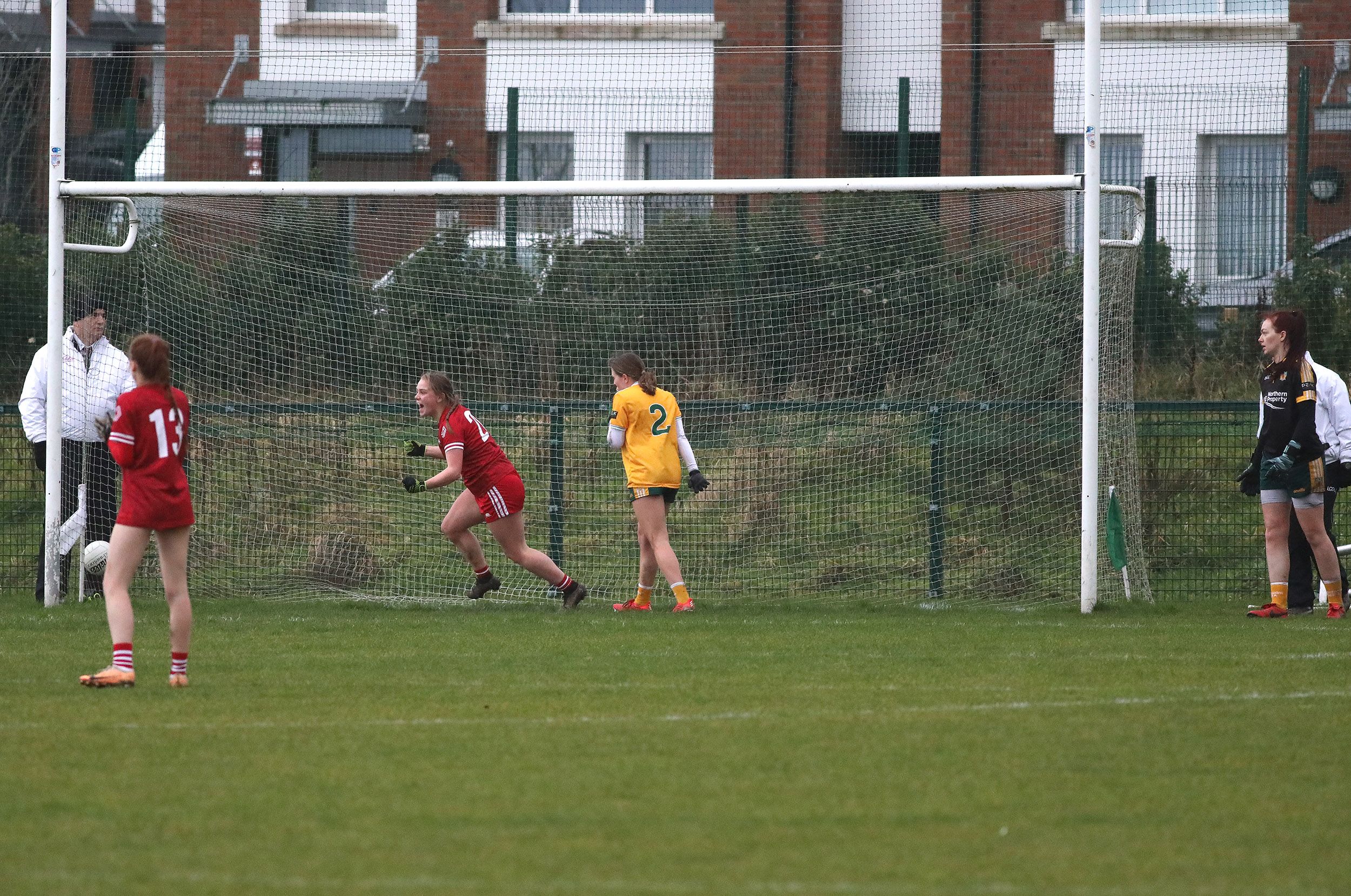 Louth\'s Ciara Woods celebrates her goal in the dying embers that sealed her team\'s win over Antrim on Sunday 