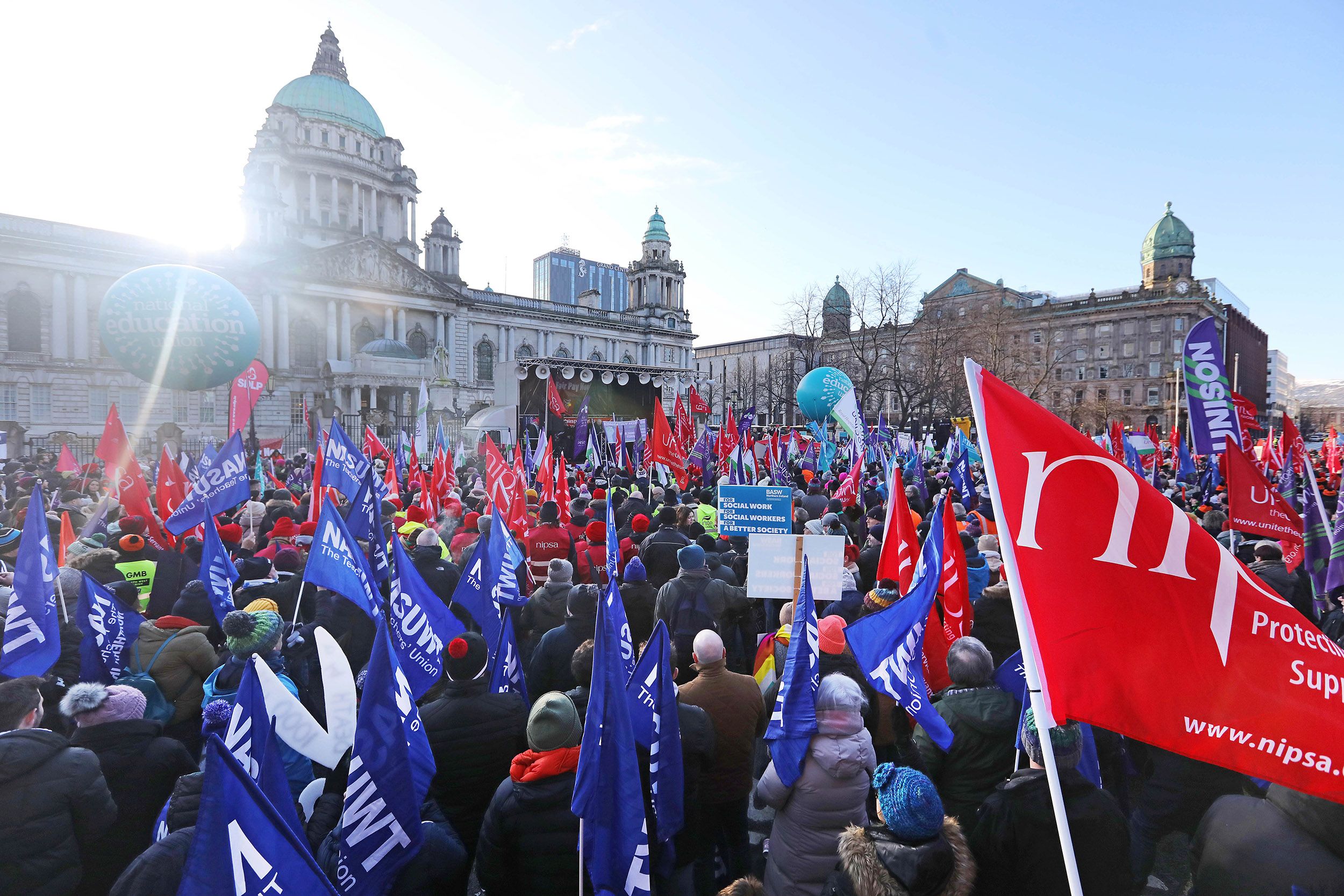 STRIKE ACTION: Last week\'s mass rally at Belfast City Hall