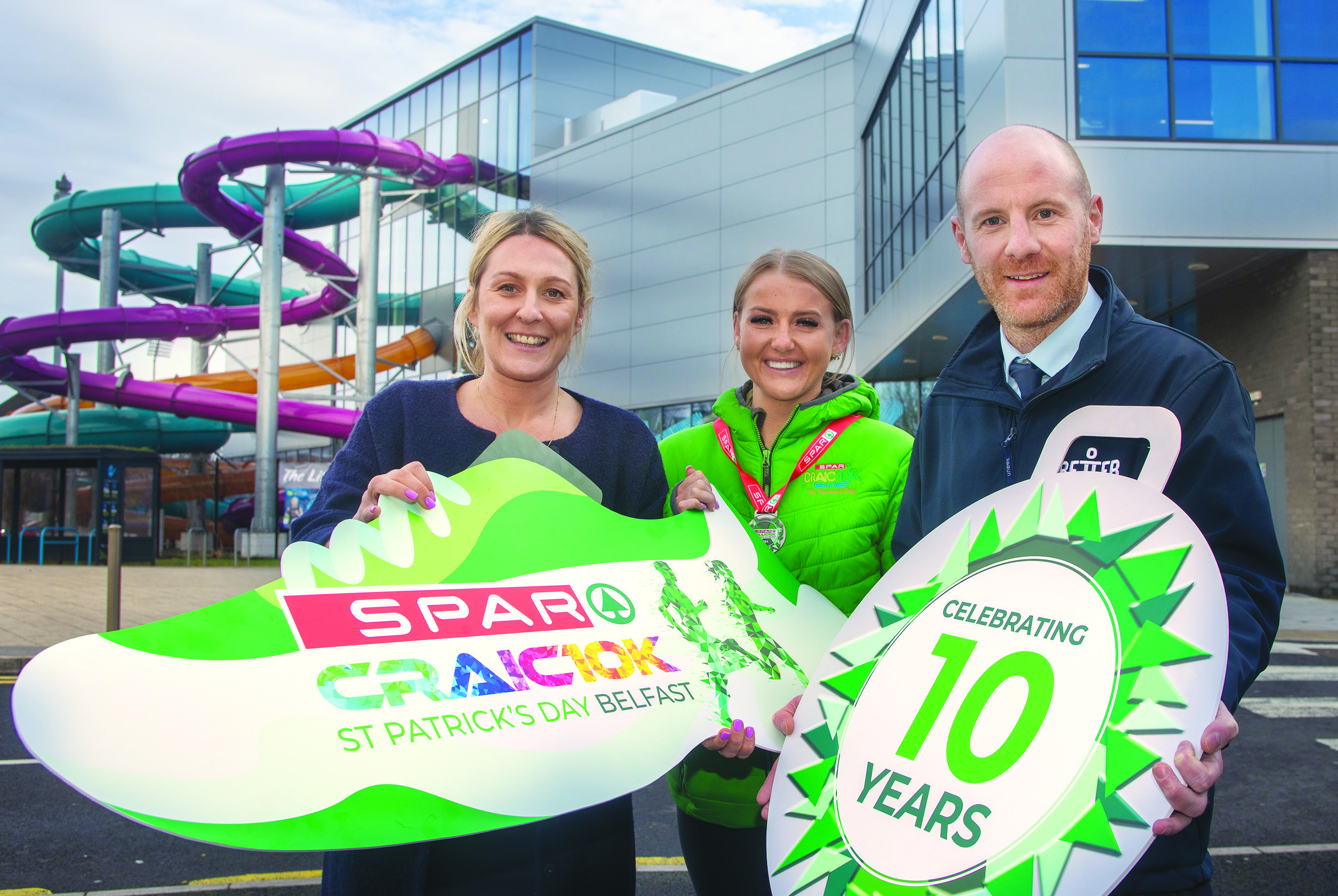 Roma Doherty, General Manager at Grove Wellbeing Centre; Amy Dickinson, SPAR Craic 10k Events Coordinator and Aaron McGlone, General Manager at Falls Leisure Centre
