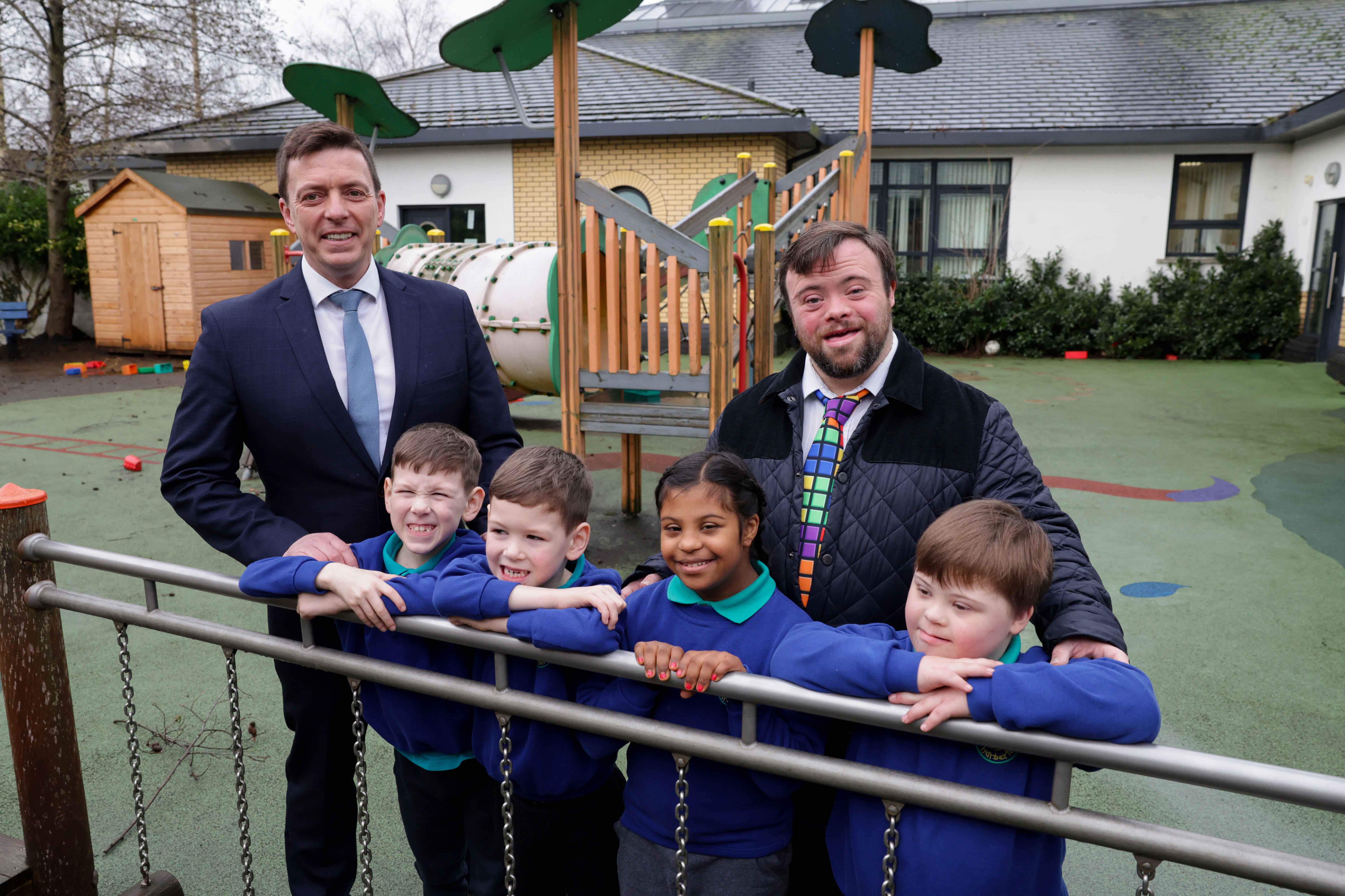 CAMPAIGN: Harberton Principal James Curran and Oscar winner James Martin with pupils Mary Musa, twins Tyler and Cody Pratchett, and Lucas Wicklow