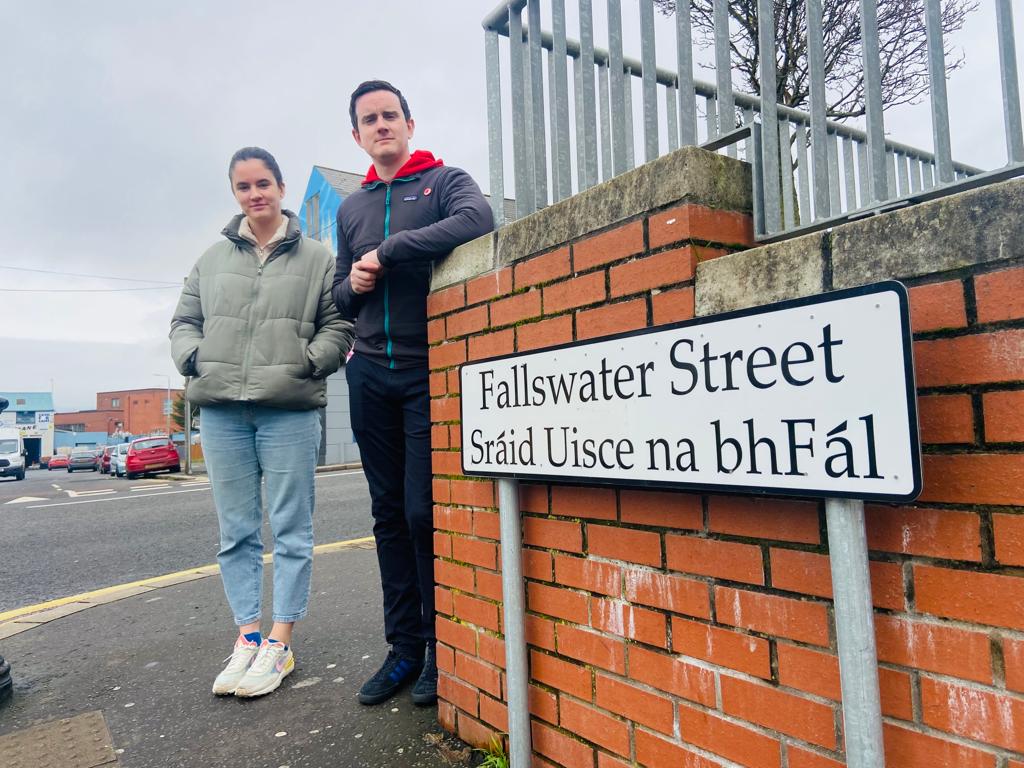 PROGRESS: Cuisle Nic Liam and  Paddy Ó Tiarnaigh from Conradh na Gaeilge at one of the dual signs in the Gaeltacht Quarter