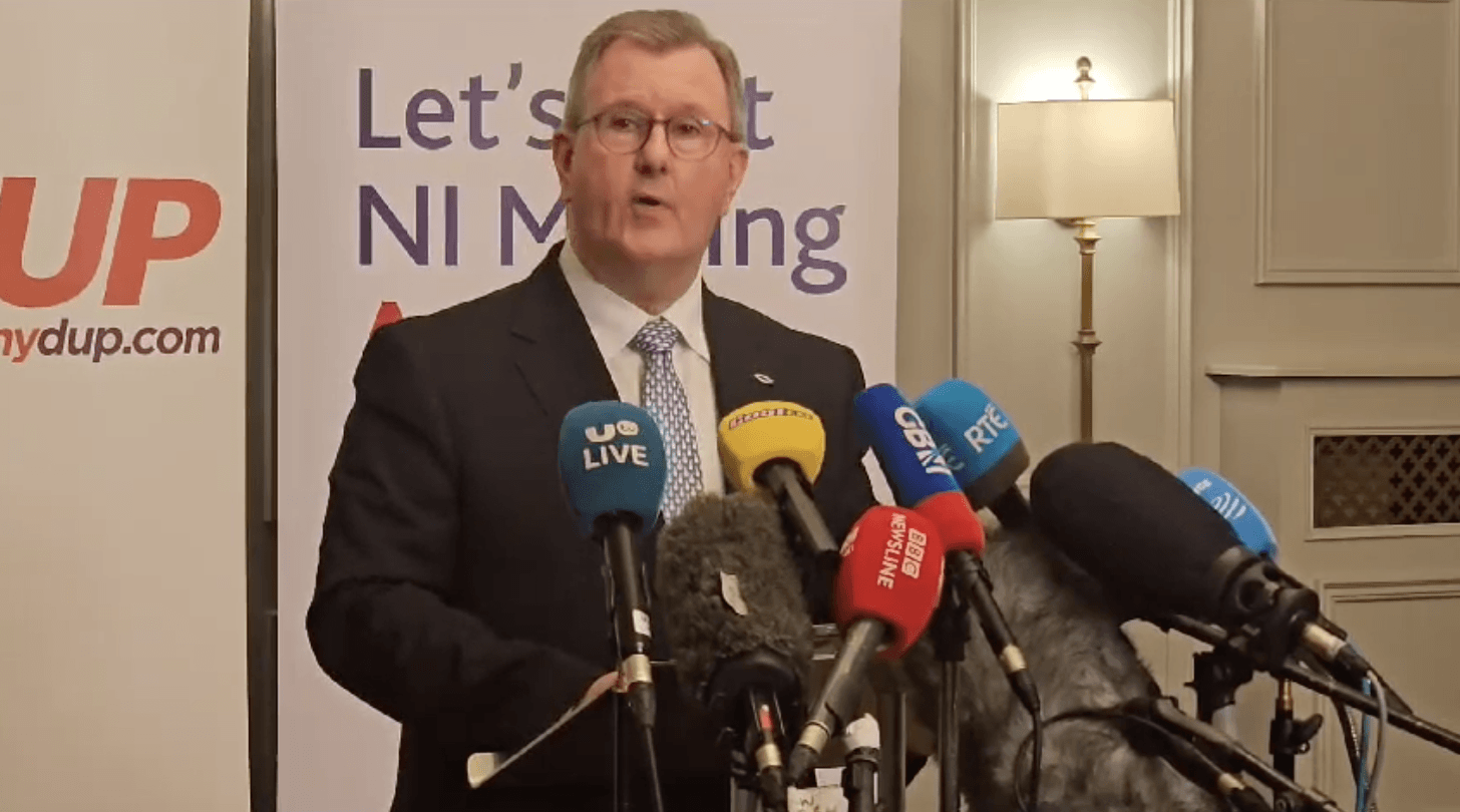 MILESTONE: Jeffrey Donaldson at an early-hours press conference delivering news of the DUP\'s return to Stormont