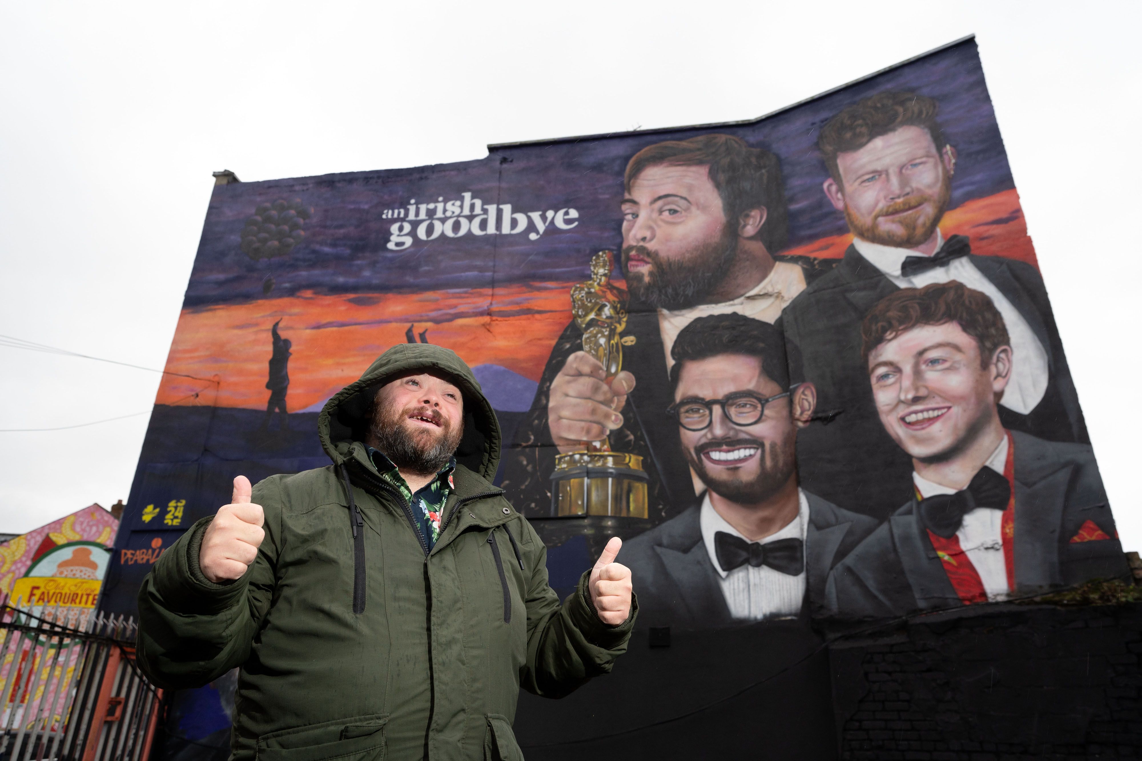 THUMBS UP: Actor James Martin at the new mural celebrating the Oscar-winning short film, An Irish Goodbye, in Belfast city centre