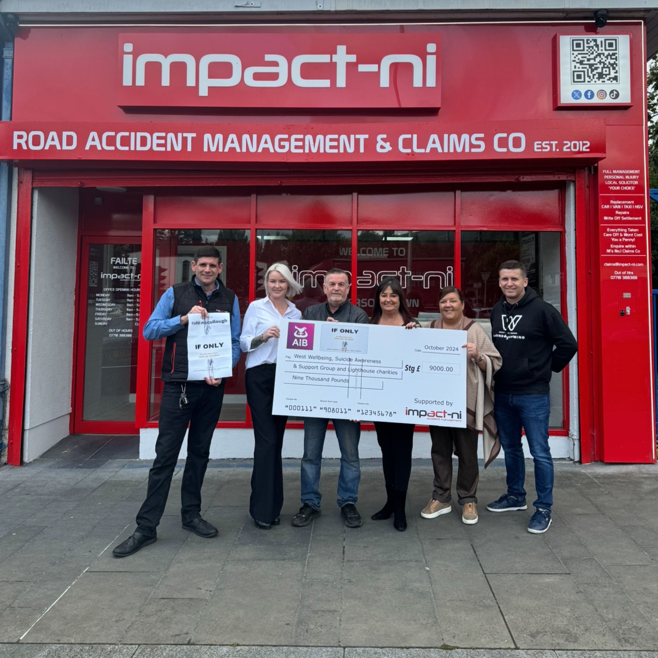 CHARITY EFFORT: James and Kerri from the Impact NI team with Cubb McCullough, Claire from Lighthouse, Margaret from Suicide Awareness and Support Group and Gerard from West Wellbeing. 