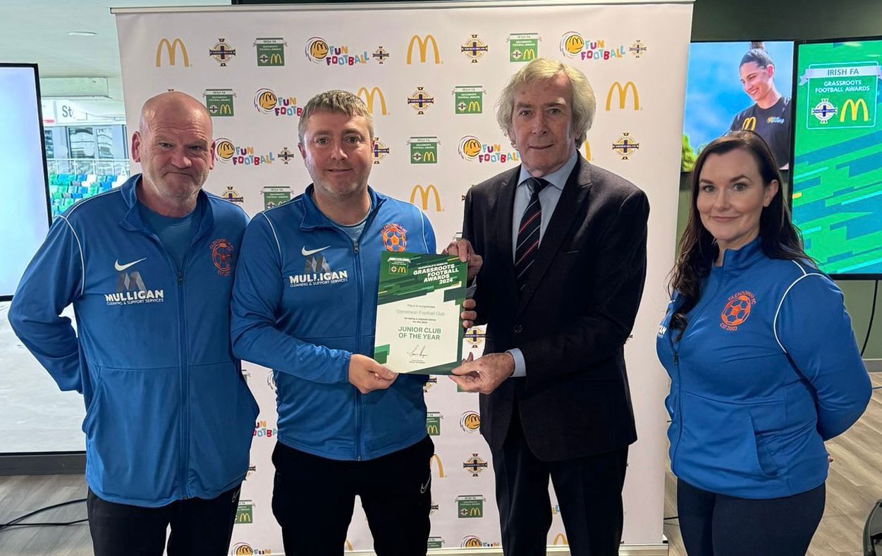 Pictured L-R Eddie Mulligan (Glendowan), Gareth Devlin, (Chairman, Glendowan), Pat Jennings and Yvonne Fleming (Club Secretary, Glendowan)