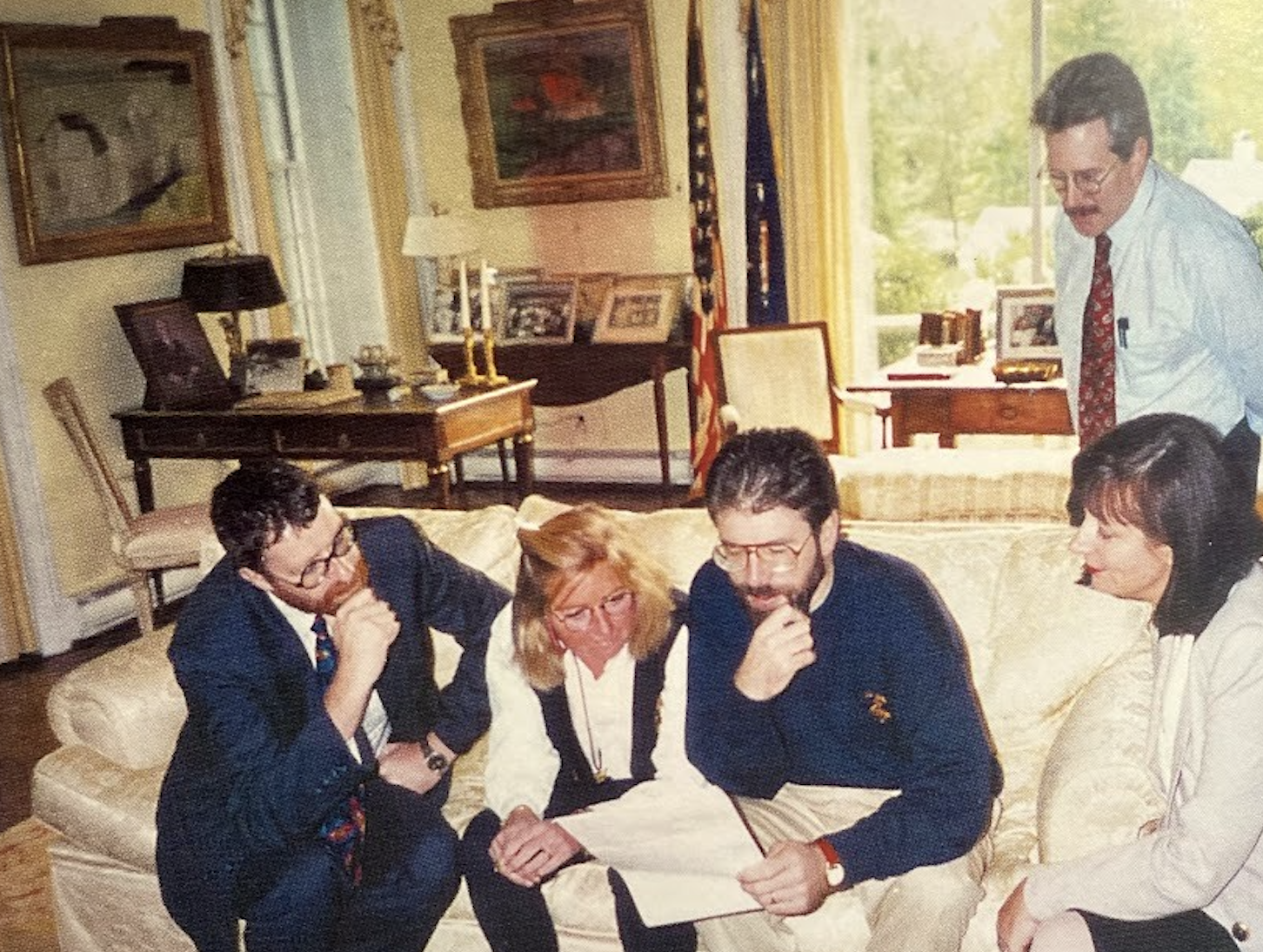 HISTORIC: Aidan McAteer, Courtney Kennedy, Gerry Adams, Richard McAuley and Mairéad King at Hickory Hill reading the fax from the White House ending the ban on meeting Sinn Féin 