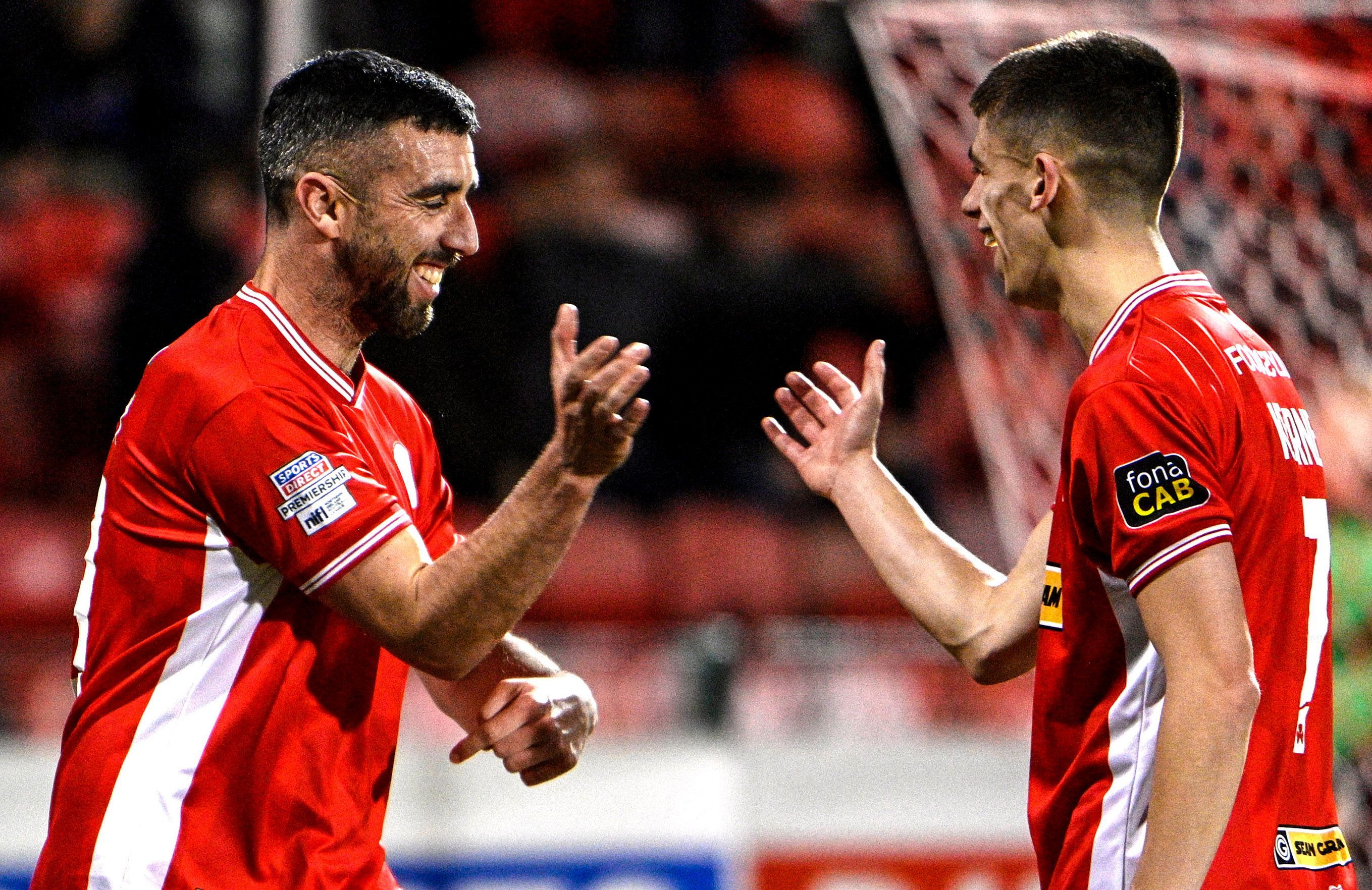 Joe Gormley (left) celebrates his opening goal with Shea Kearney