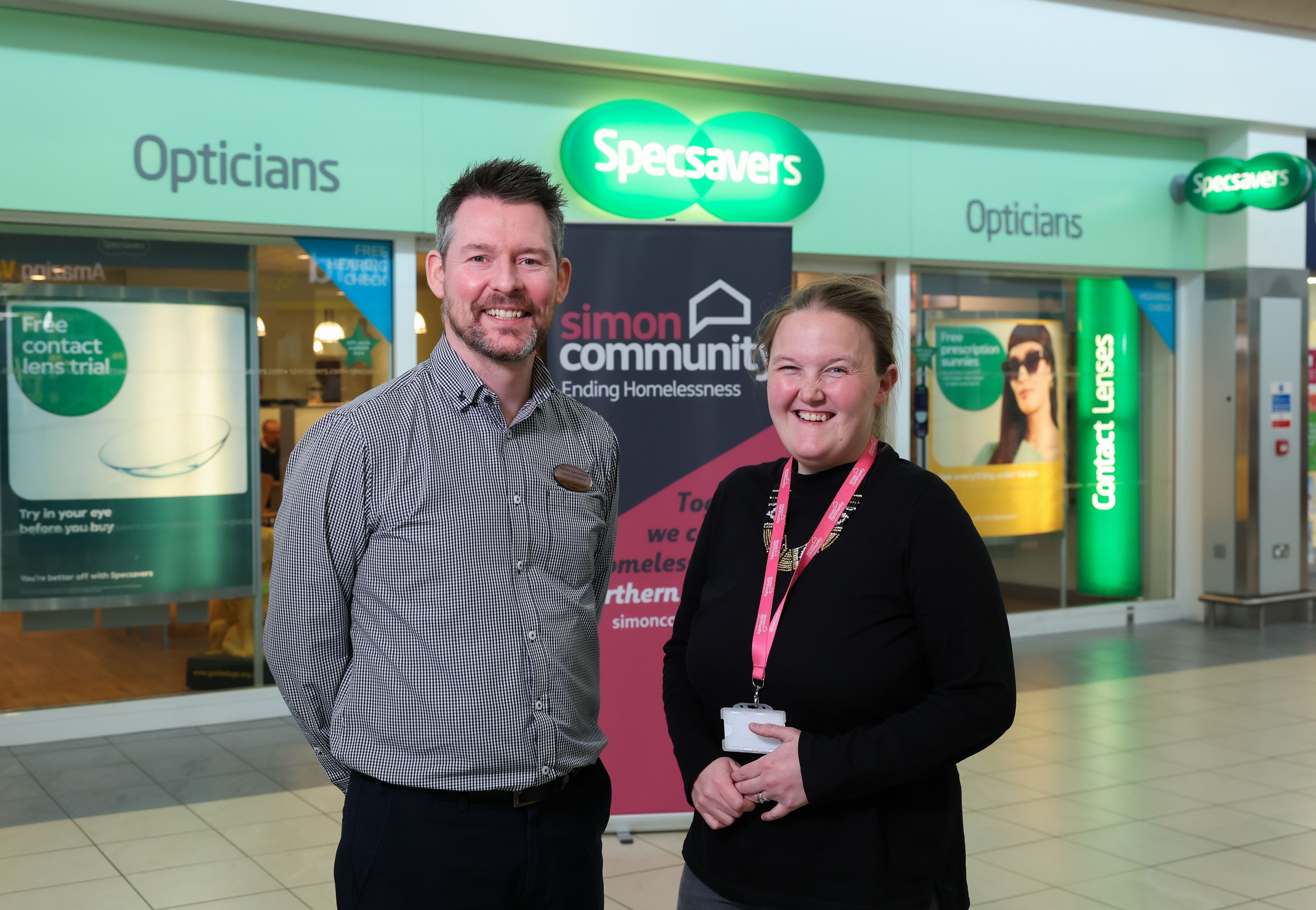 PARTNERSHIP:  Matthew McKenny (Ophthalmic Director at Specsavers Park Centre) and Rebekah Barr (Senior Partnerships and Engagement Manager for Simon Community)