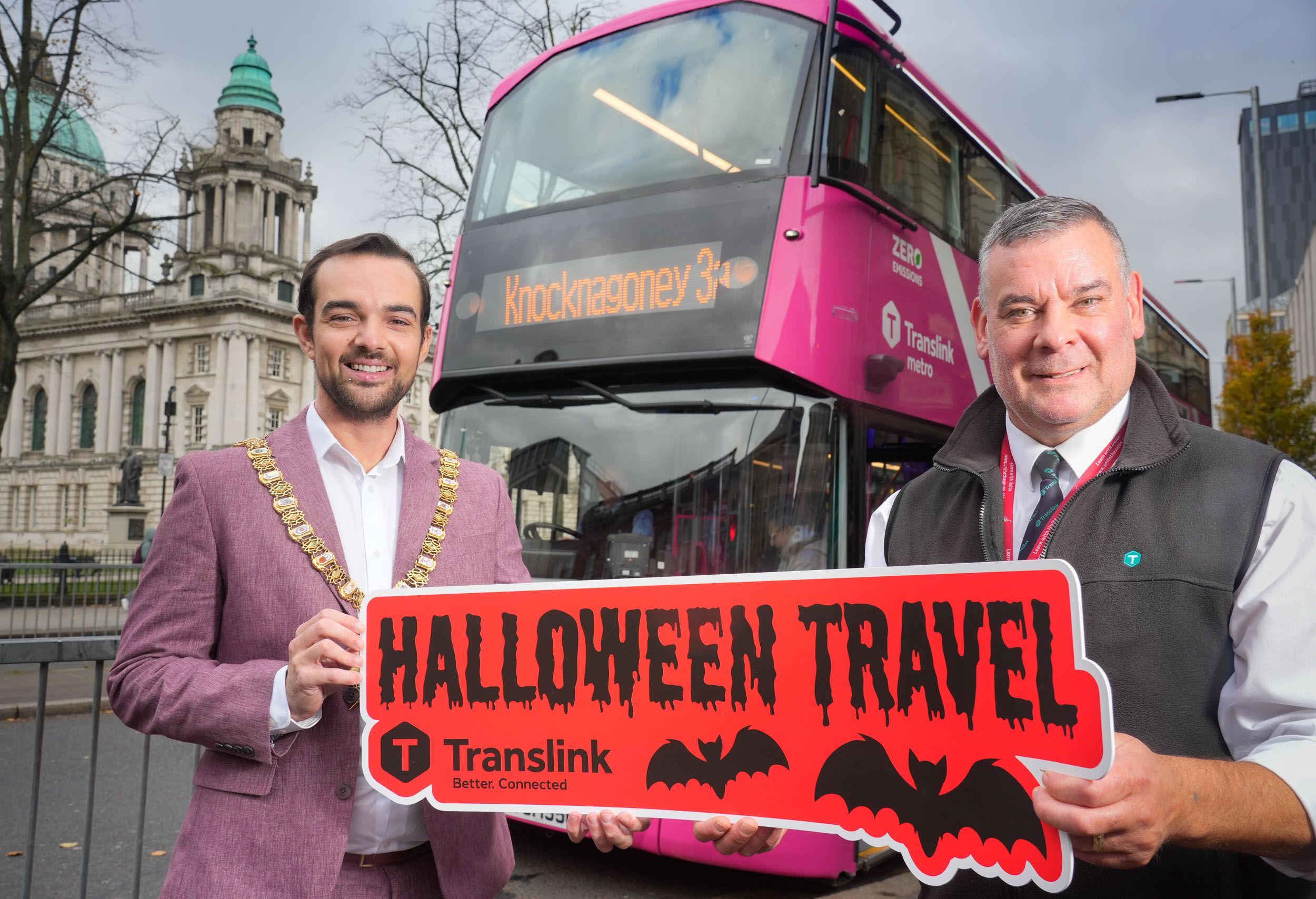 HALLOWEEN TRAVEL: Lord Mayor of Belfast, Councillor Micky Murray joins Metro Inspector Nigel Duffin ahead of the city’s spooky season