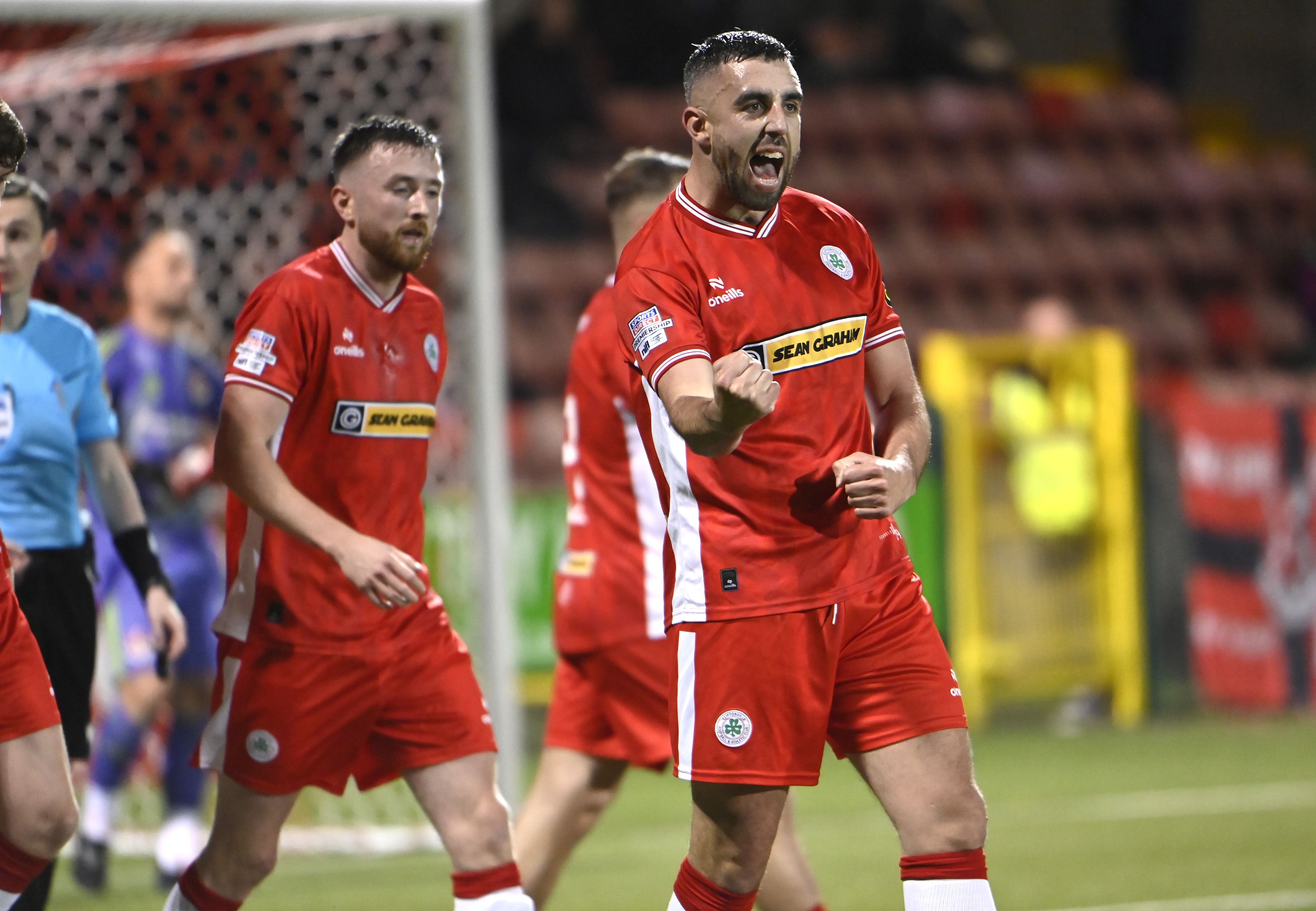 Joe Gormely celebrates nettingthe only goal of the game on Friday 