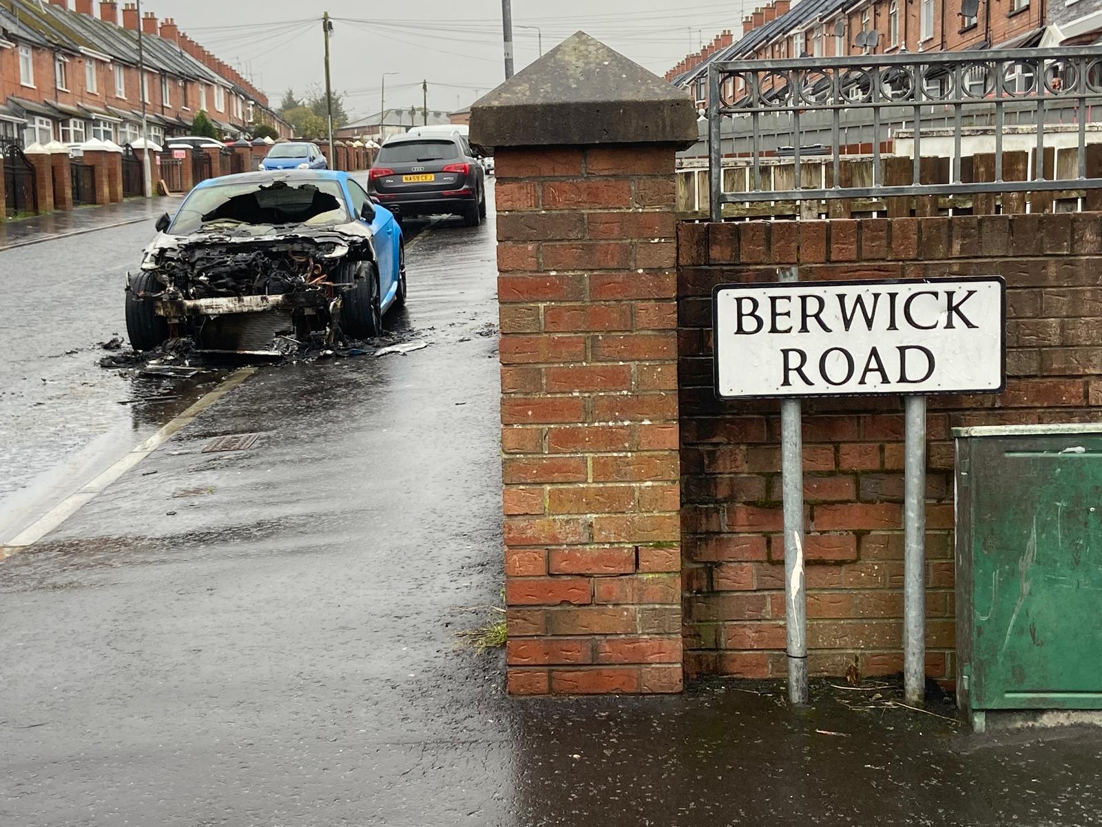 INVESTIGATION: Police are investigating the arson attack on a blue Audi TT in Ardoyne