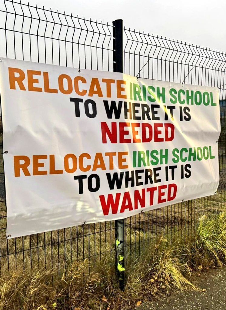 CONCERN: The crude banner that was hung up on the fence near the location of the new bunscoil in East Belfast