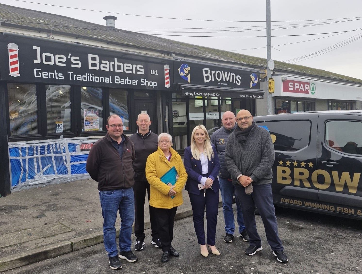 DEVELOPMENT: Contractor Gareth McGreevy of Northstone, Joe Gatt of Joe\'s Barbers, Reneé Crawford of Lenadoon Community Forum, Sinn Féin MLA Óraithí Flynn, Gavin Brown of Browns Fish and Chips  and Arshad Rasool of Spar