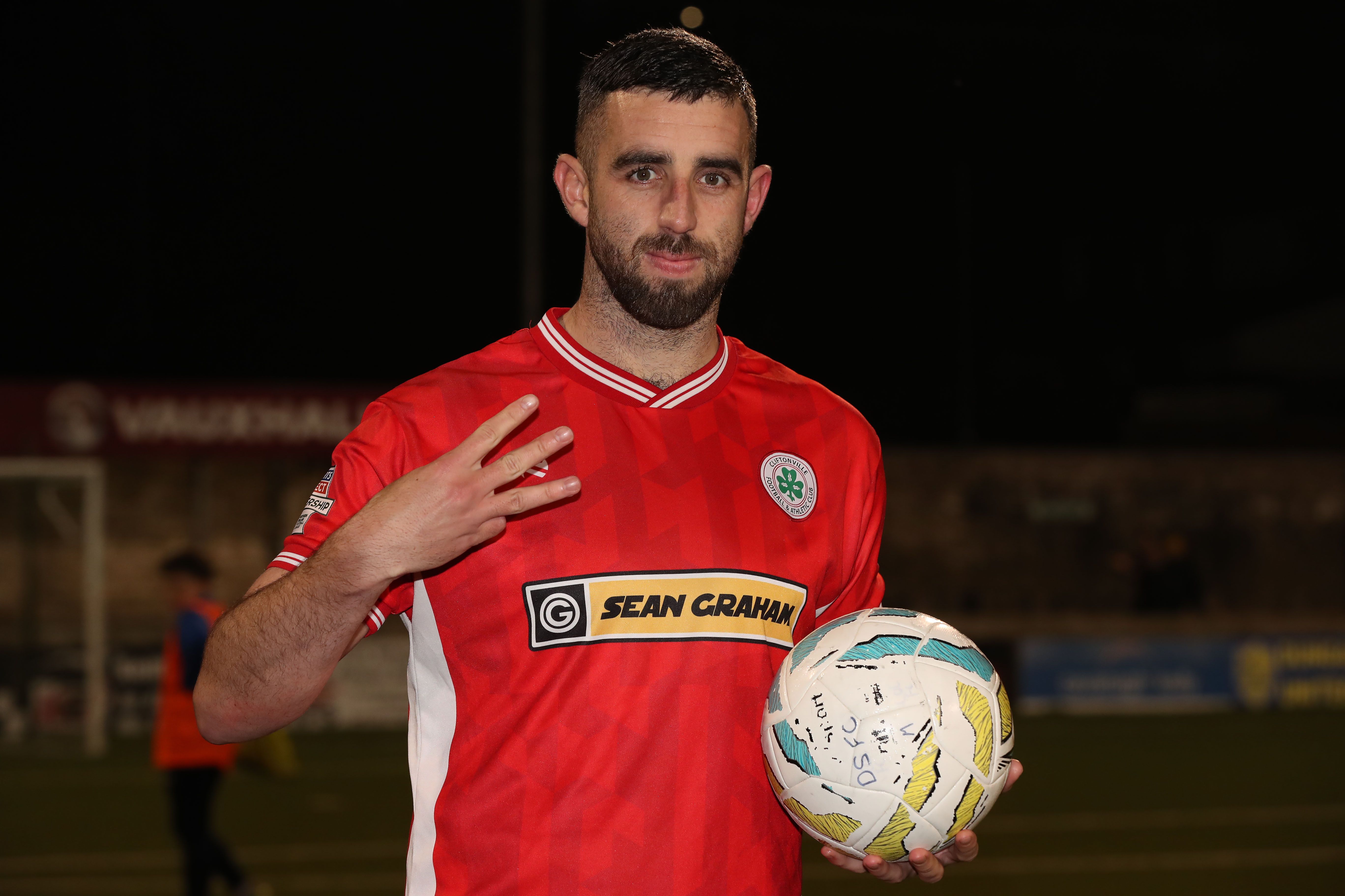 Joe Gormley with the match ball following his hat-trick on Saturday 