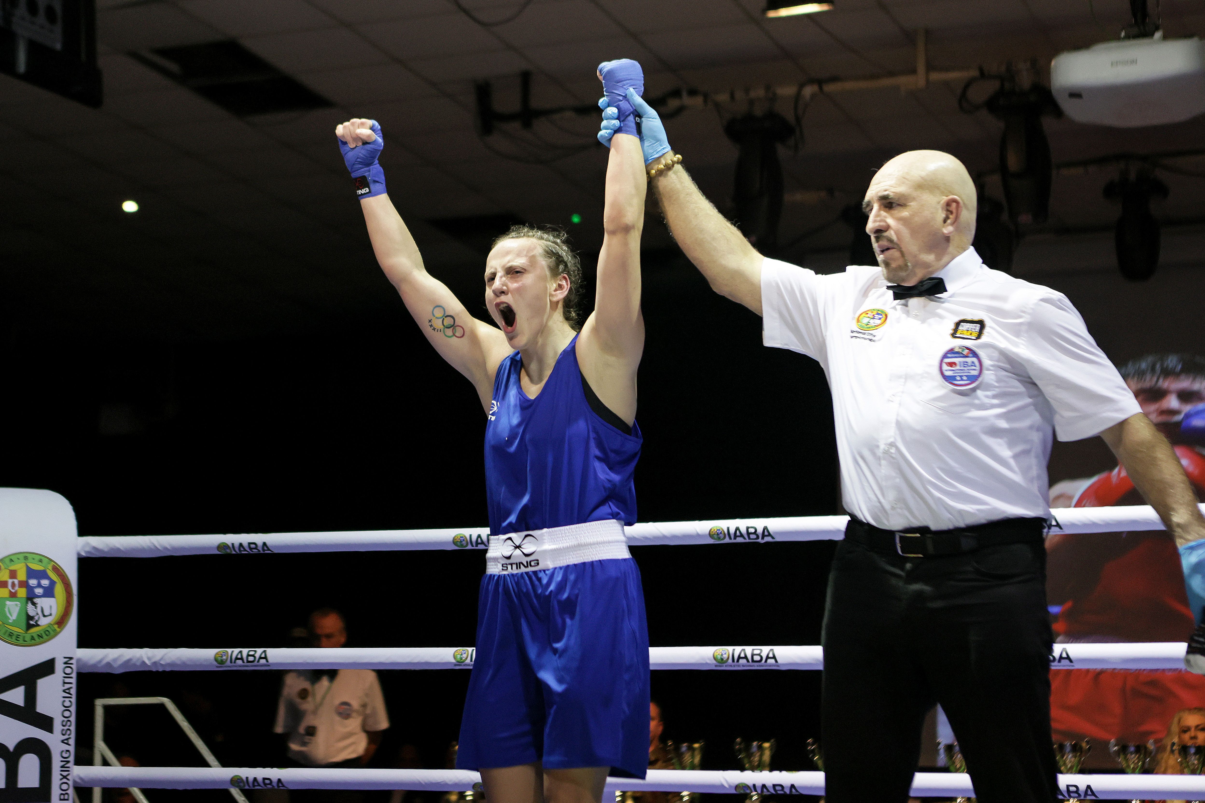 Michaela Walsh roars with delight as her victory over Kelsey Leonard was a record 12th Irish Elite success