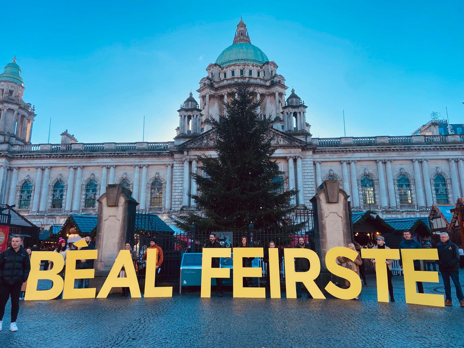 ACTION NEEDED: Irish language campaigners outside Belfast City Hall on Friday morning