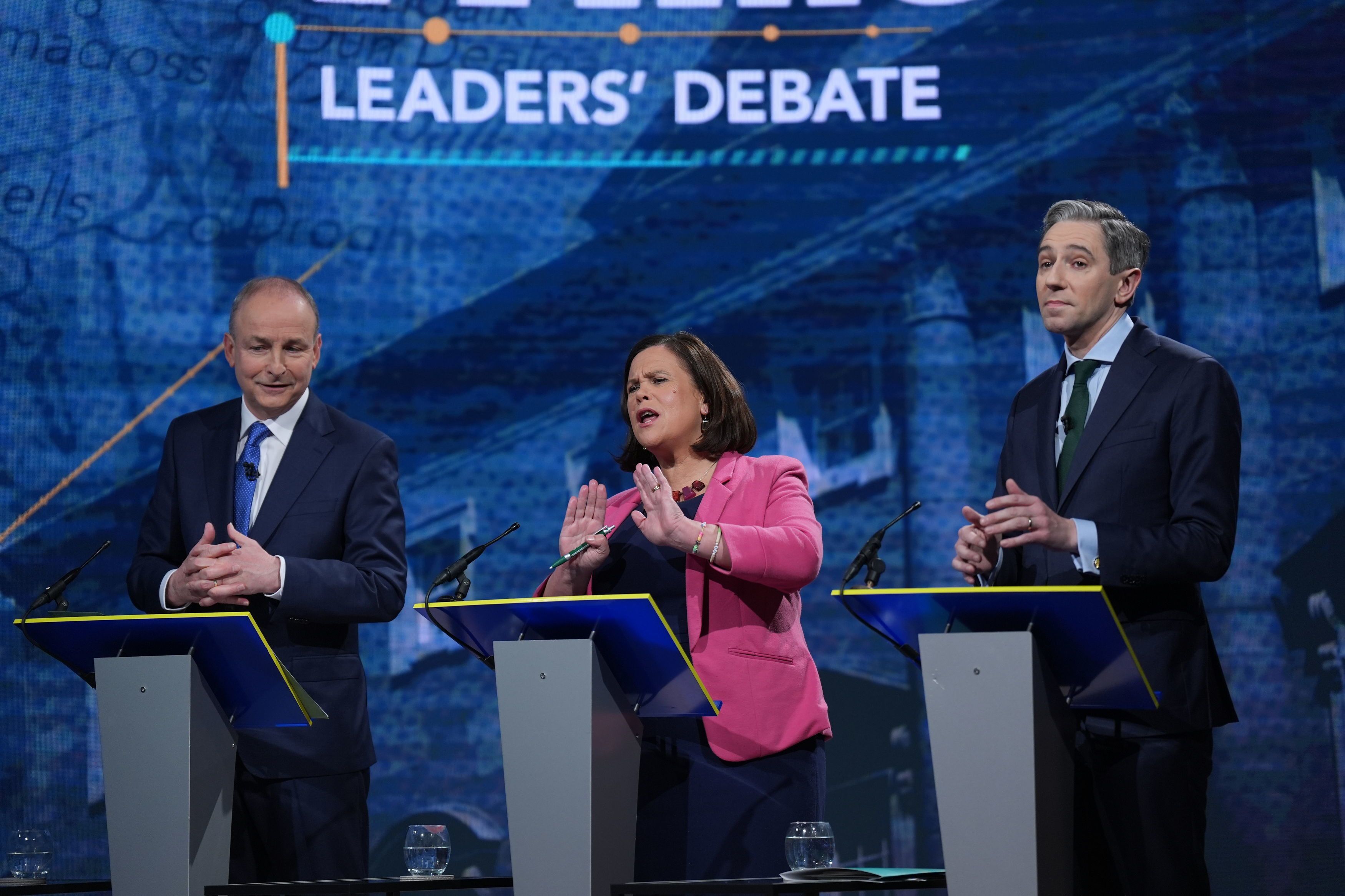 DECISION TIME: Tánaiste and Fianna Fáil leader Micheál Martin, Sinn Féin leader Mary Lou McDonald and Taoiseach and Fine Gael leader Simon Harris during the final TV leaders\' debate