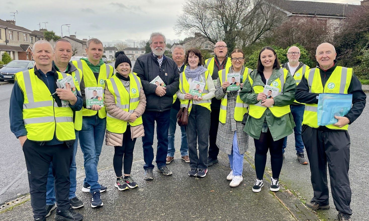 ALL TO PLAY FOR: Gerry Adams has travelled the island during the election campaign – here he’s with party activists in Dundalk