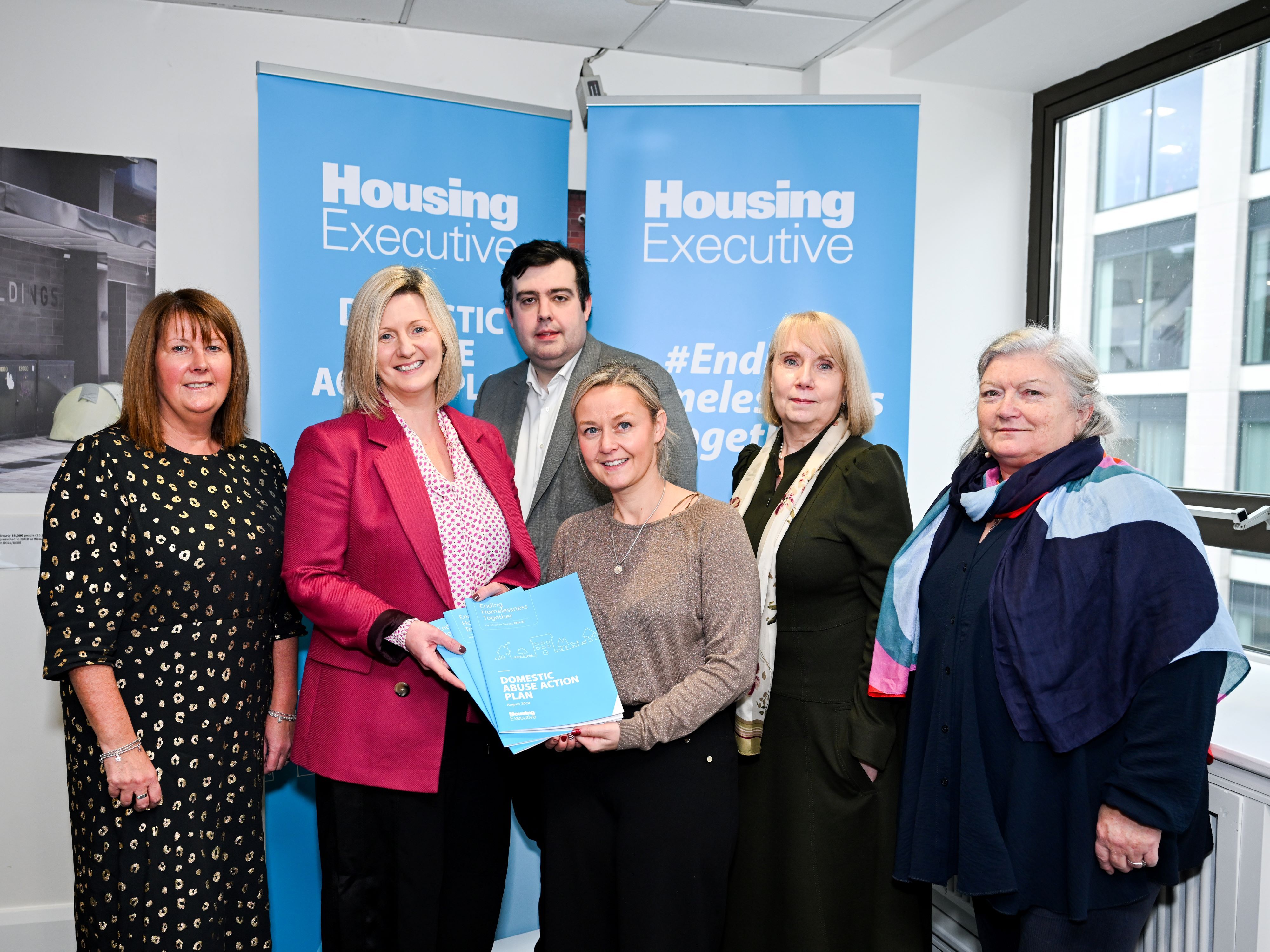 Helen Walsh (Housing Executive), Housing Executive’s Chief Executive Grainia Long, Mark Baillie (Homeless Connect), Stephanie Bailie (PSNI), Geraldine Fee (Ending Violence Against Women and Girls Directorate) and Eileen Murphy (Armagh Down Women’s Aid)