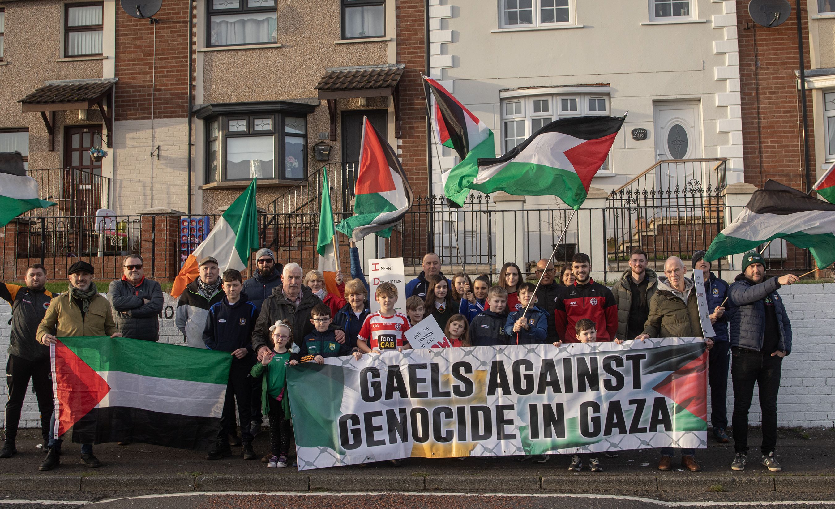 GAZA: Antrim Gaels Against Genocide in Gaza by the new mural in Lenadoon which highlight\'s Saturday\'s upcoming march