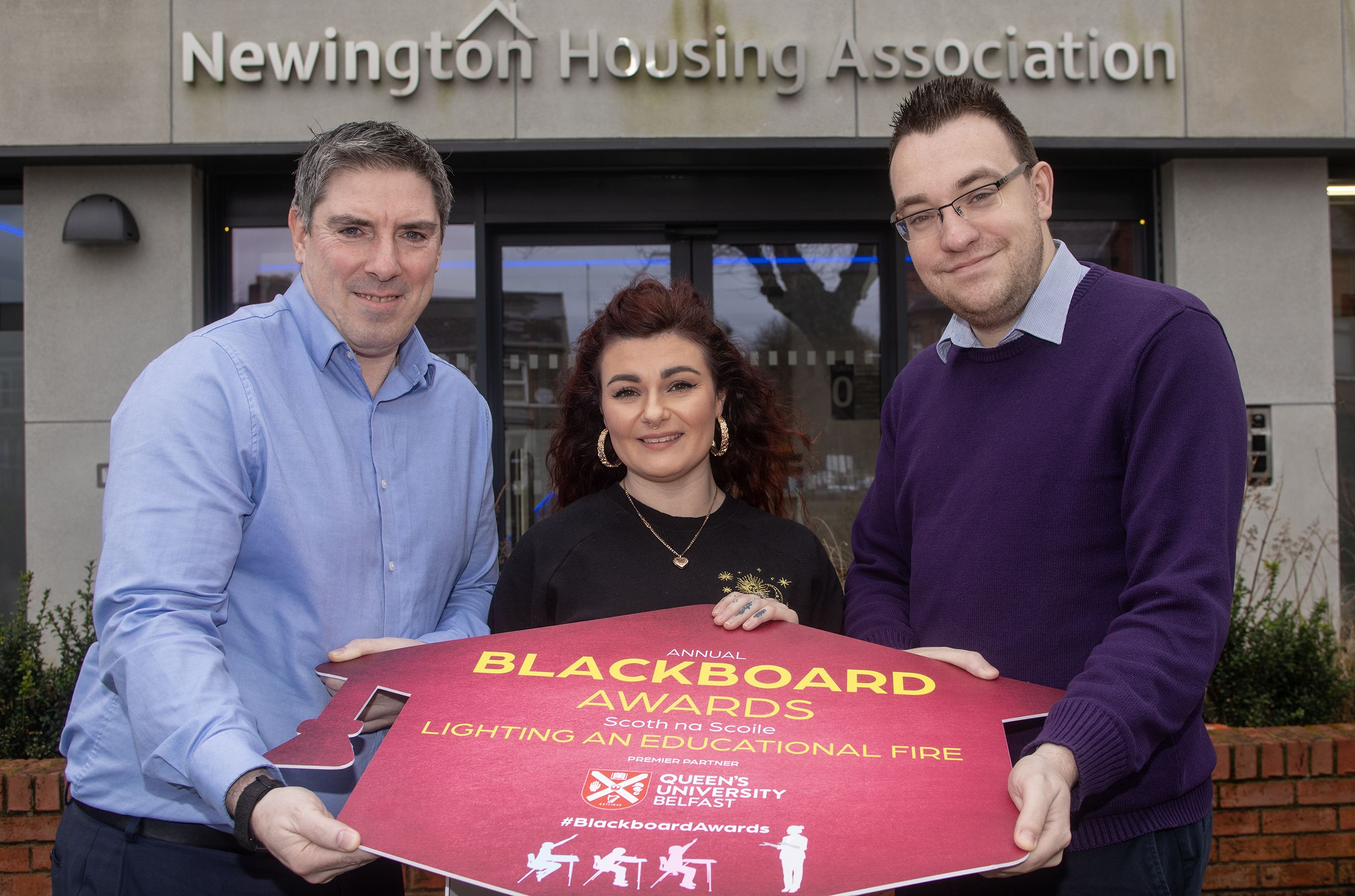 BLACKBOARD AWARDS: Anthony Kerr (Chief Executive of Newington Housing Association) with Conor McParland (Belfast Media) and Danielle O\'Neill (Newington Housing Association)