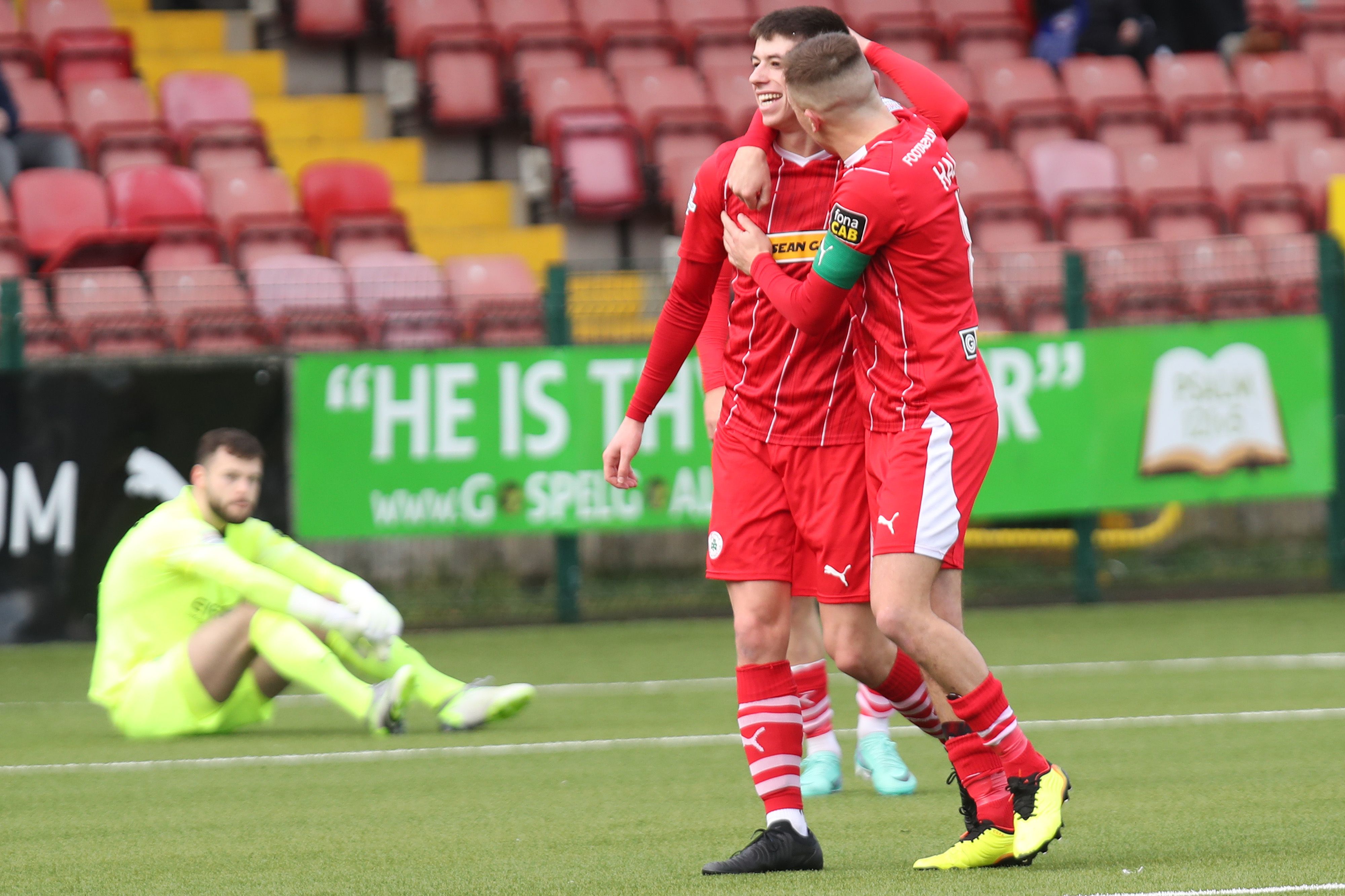 Shea Kearney celebrates after netting Cliftonville\'s second on Saturday 