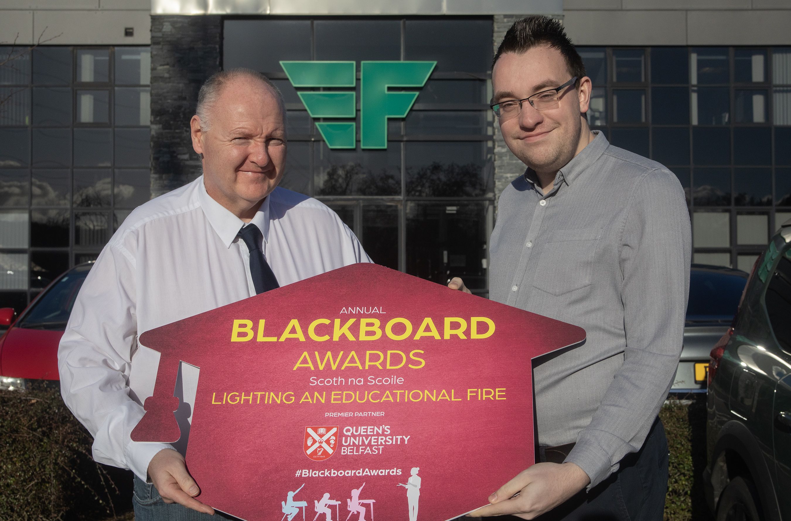 BLACKBOARD AWARDS: Aidan Flynn (Managing Director Flynn Construction) with Conor McParland from Belfast Media