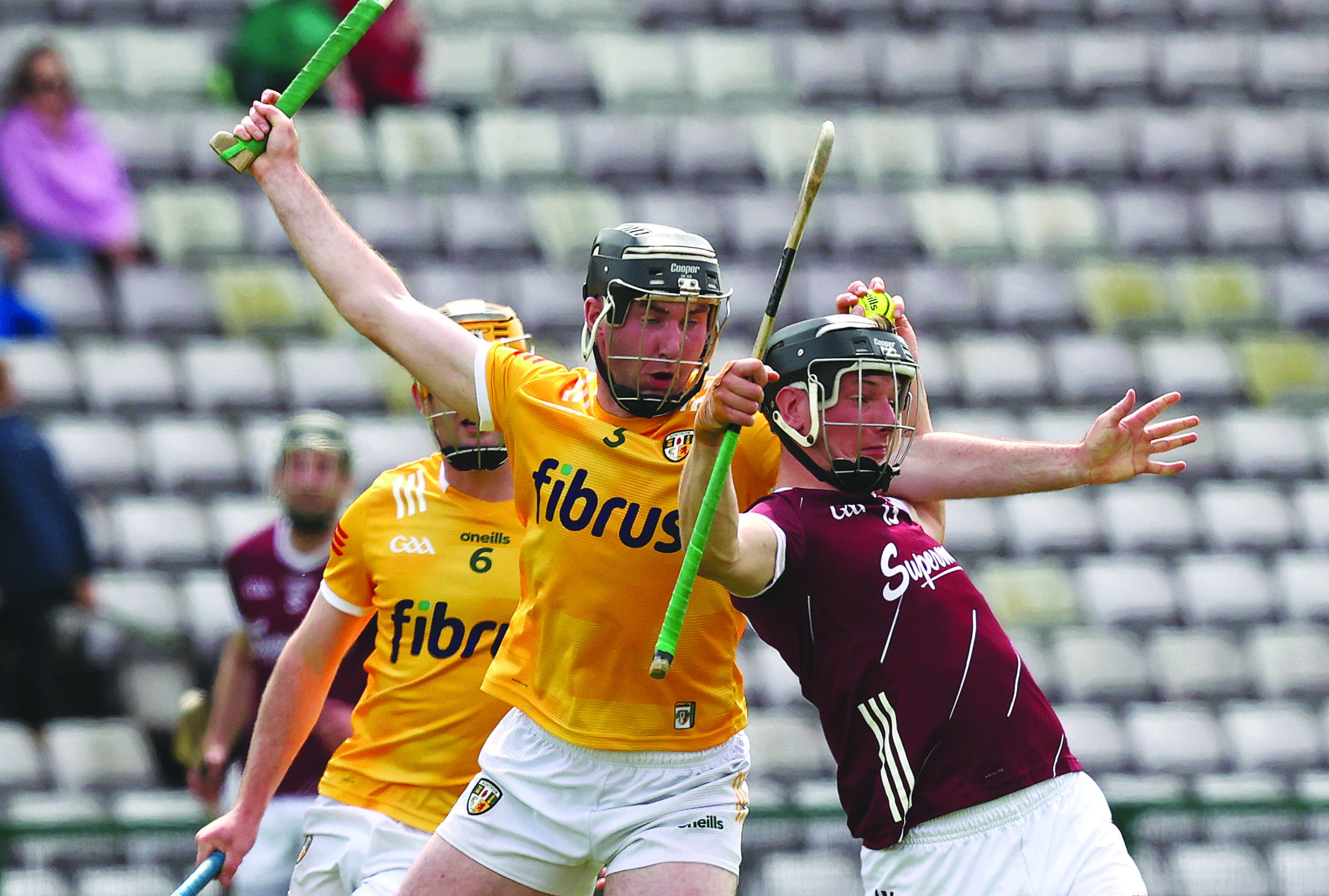 Ryan McGarry and Kevin Cooney clash during Galway’s win over Antrim last summer