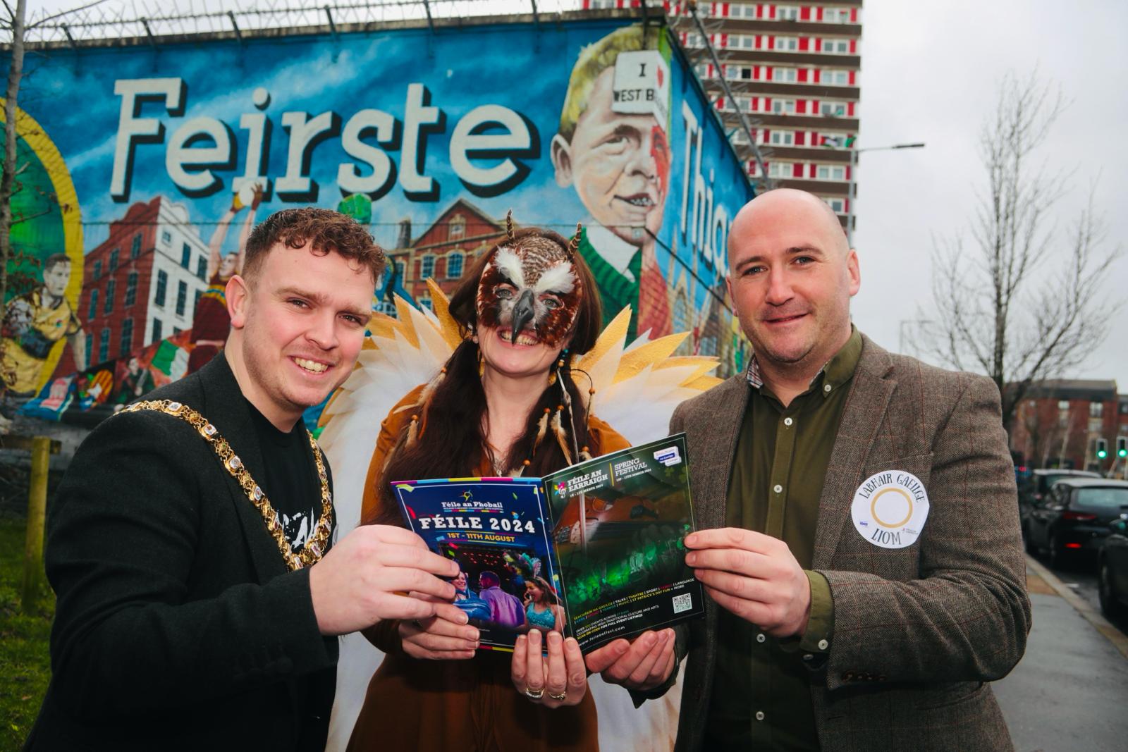 LE CHÉILE: Belfast Lord Mayor Ryan Murphy, singer Gráinne Holland and Féile director Kevin Gamble at the launch of Féile and Earraigh