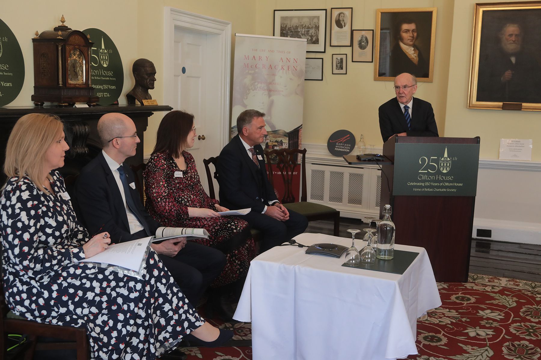 DISCUSSION: Host Sir Ronnie Weatherup with speakers Ashleigh Galway (Principal Currie PS), Professor Noel Purdy, Dr Ciara Fitzpatrick (Ulster University) and Martin Moreland (Principal Mercy College)