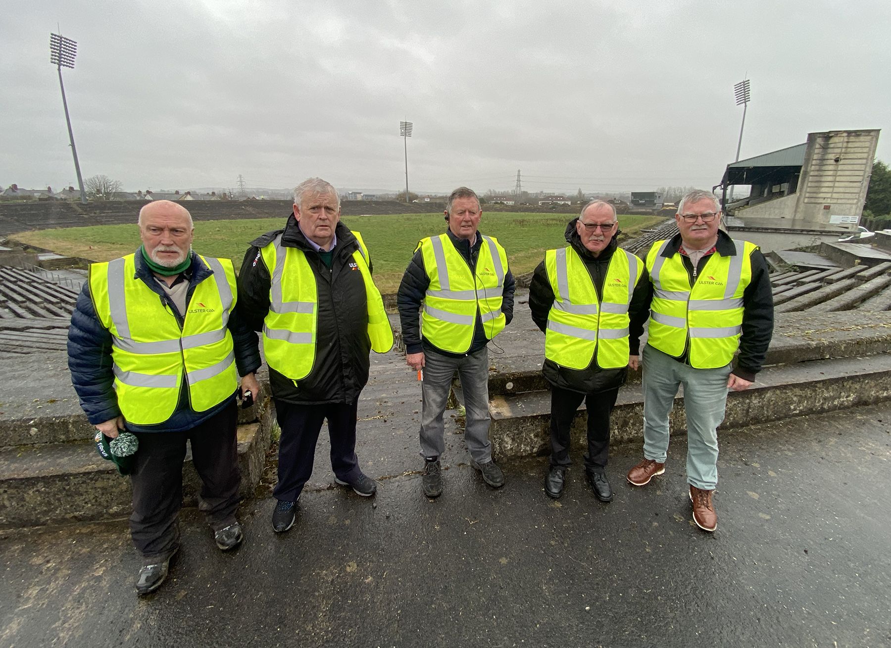 ON HOME TURF: Gerry McClorey, left, Brendan McPoland, Ray Loughran, Joe McGuirk and Kevin Burke at Casement Park last week during the visit by the UEFA delegation