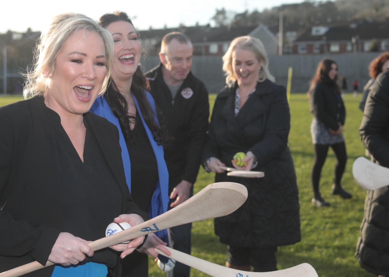 TEAMWORK: First Minister Michelle O\'Neill and deputy First Minister Emma Little-Pengelly share a joke during camogie training on Wednesday evening