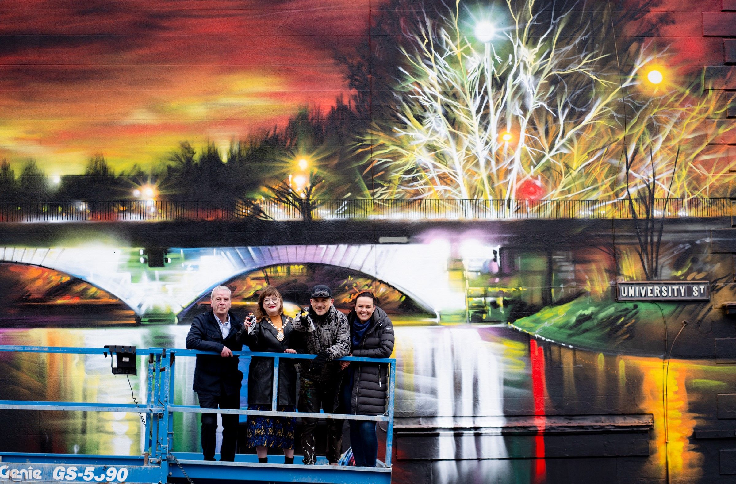 COLOURFUL: Hugh Killough, Department for Communities, Deputy Lord Mayor of Belfast, Councillor Áine Groogan, Dan Kitchener (DANK), Andrea Foye, owner of Frame of Mine and Chair of the Lower Ormeau Traders’ Association 