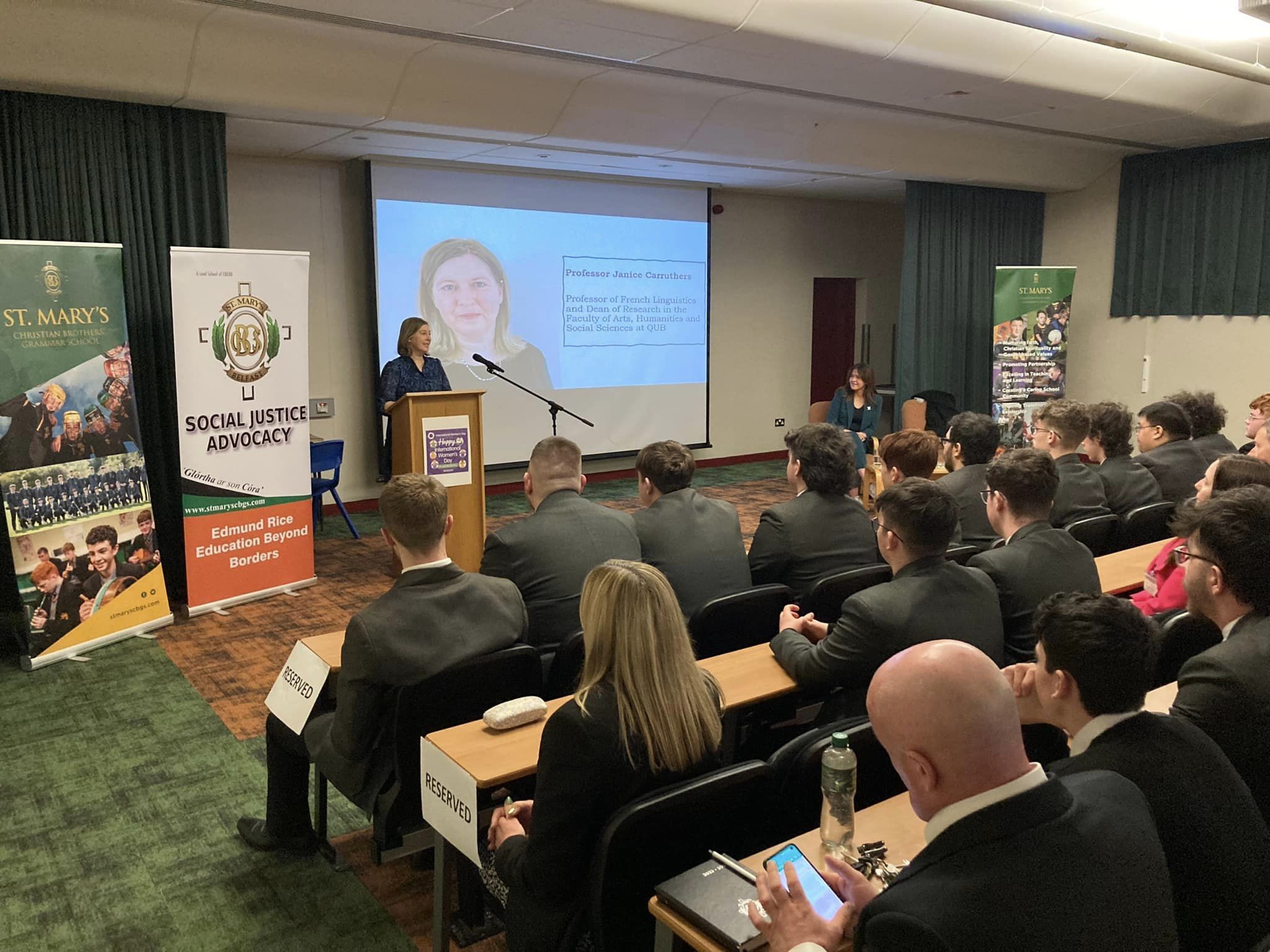 DISCUSSION: Professor Janice Carruthers (Professor of French Linguistics and Dean of Research in the Faculty of Arts, Humanities and Social Sciences at QUB) speaking at the event at St Mary\'s Grammar School
