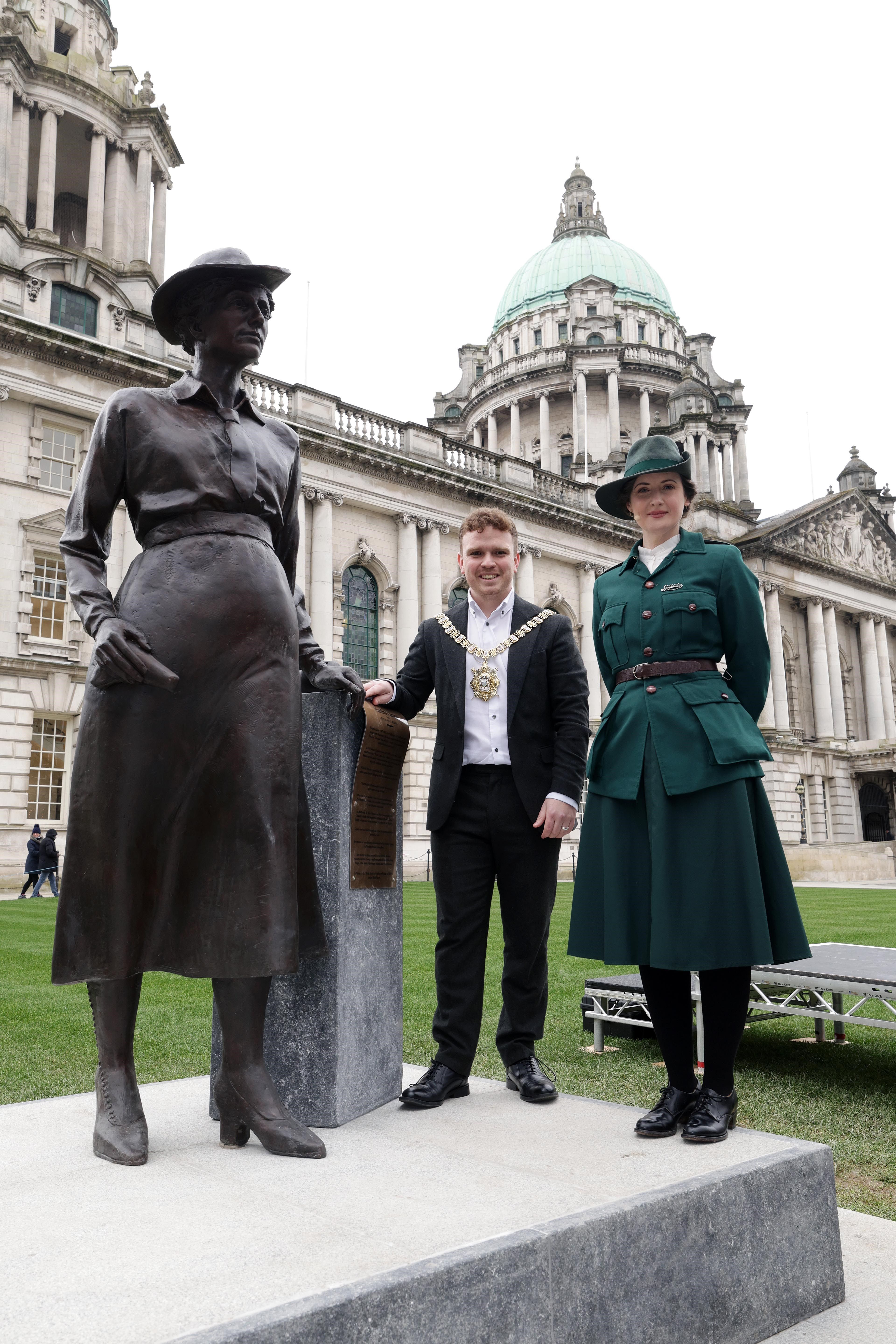 TRIBUTE: Lord Mayor Ryan Murphy and actress Charlotte McCurry, who played Winnie Carney at the weekend unveiling of the statues at City Hall