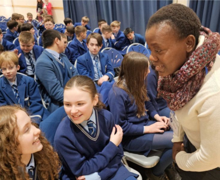 Salome Mumba from Malawi meets students at Rathmore Grammar School in Belfast