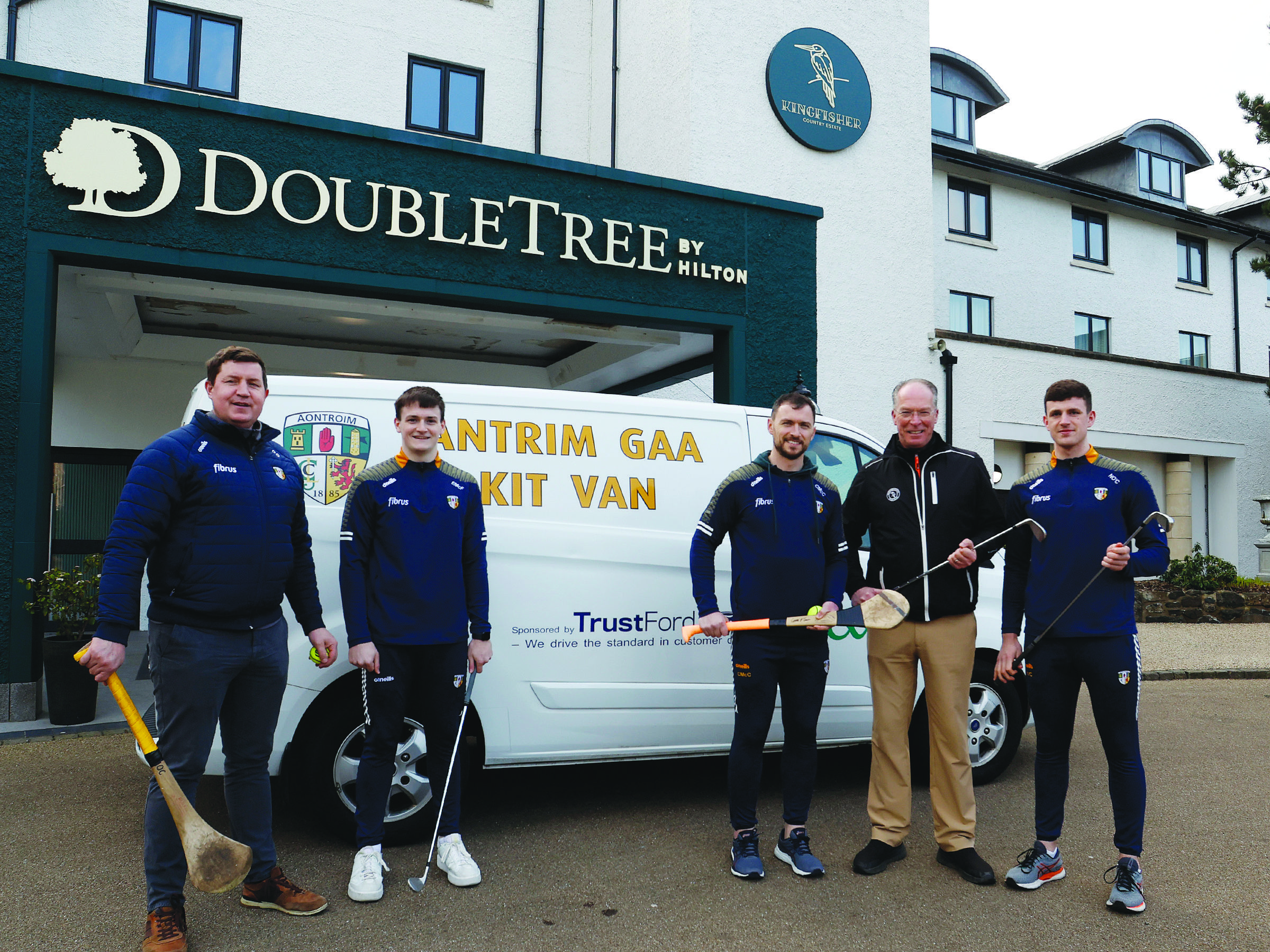Antrim manager Darren Gleeson; players Eoin McFerran, Conor McCann and Niall O’Connor stand alongside the Kingfisher Country Estate Director of Golf, Eamonn Logue at the launch of the Antrim hurlers’ golf classic